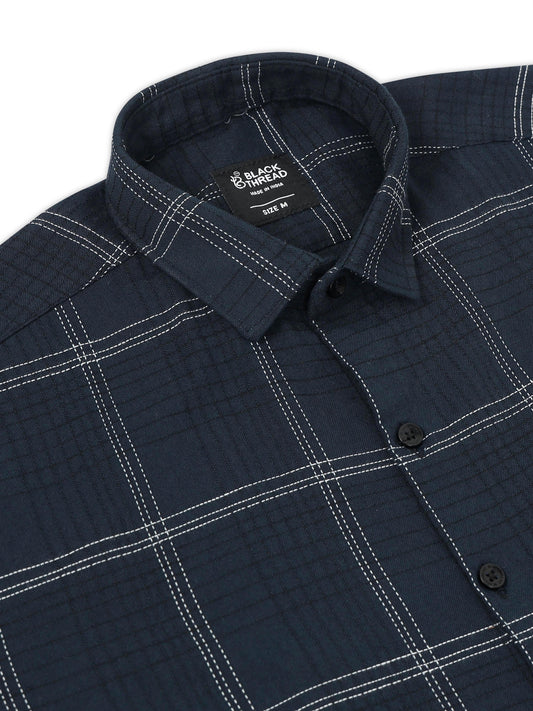 Dark Blue Men's Cotton Embroidered Checked Casual Shirt - Premium Comfort Fit