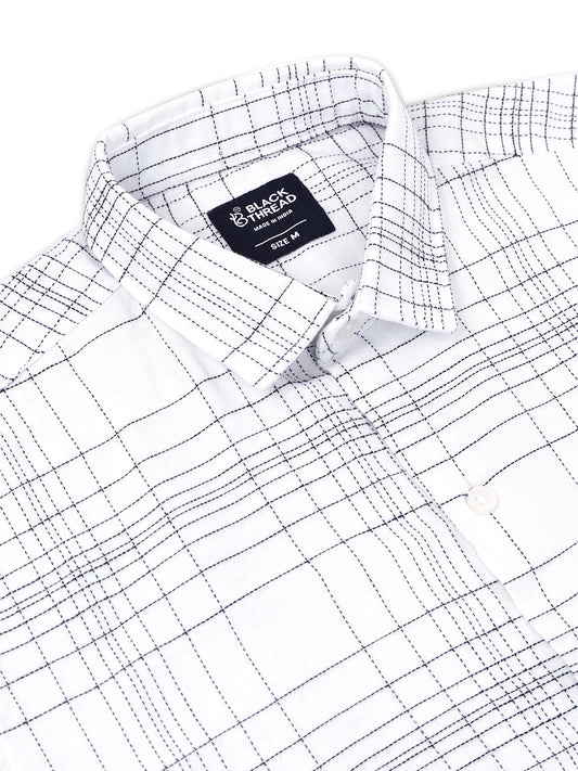 White Men's Cotton Embroidered Checked Casual Shirt - Premium Comfort Fit