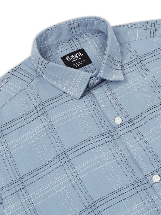 Dusty Blue Men's Cotton Embroidered Checked Casual Shirt - Premium Comfort Fit