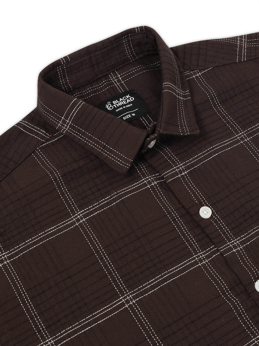 Dark Brown Men's Cotton Embroidered Checked Casual Shirt - Premium Comfort Fit