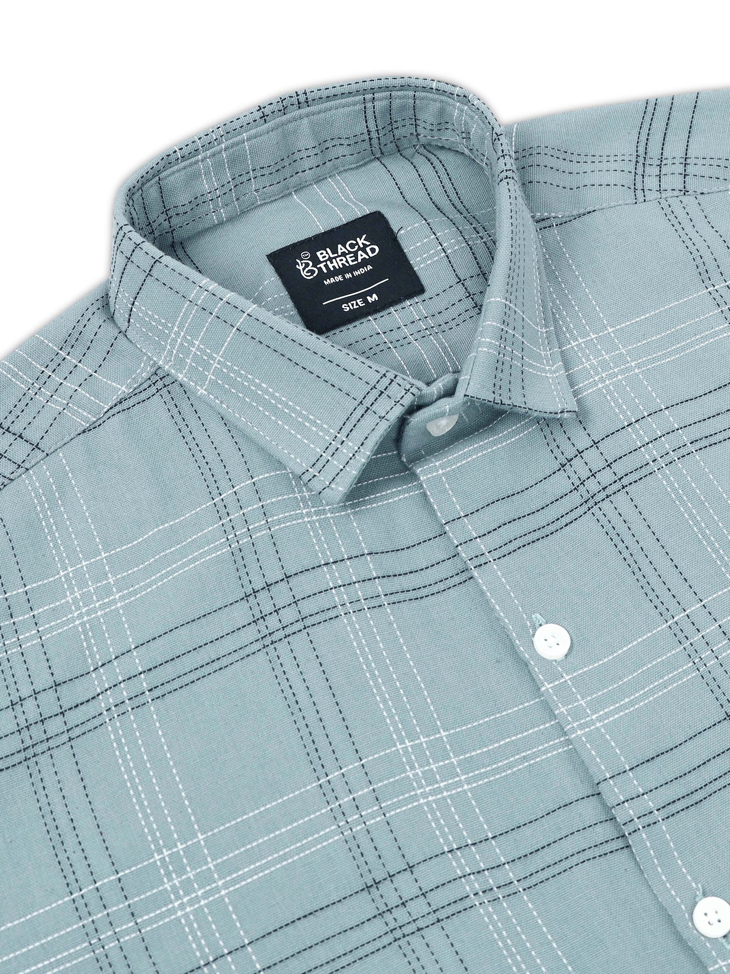 Light Blue Teal  Men's Cotton Embroidered Checked Casual Shirt - Premium Comfort Fit