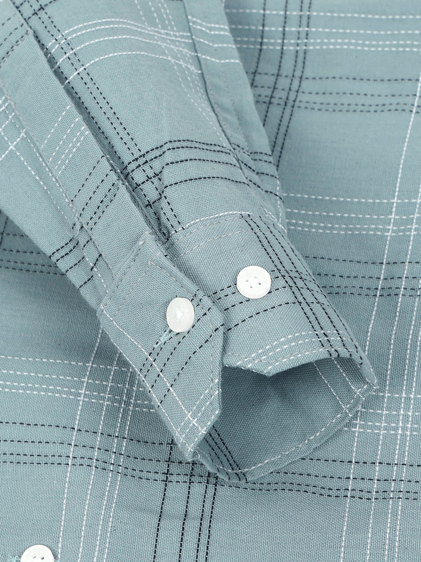 Light Blue Teal  Men's Cotton Embroidered Checked Casual Shirt - Premium Comfort Fit