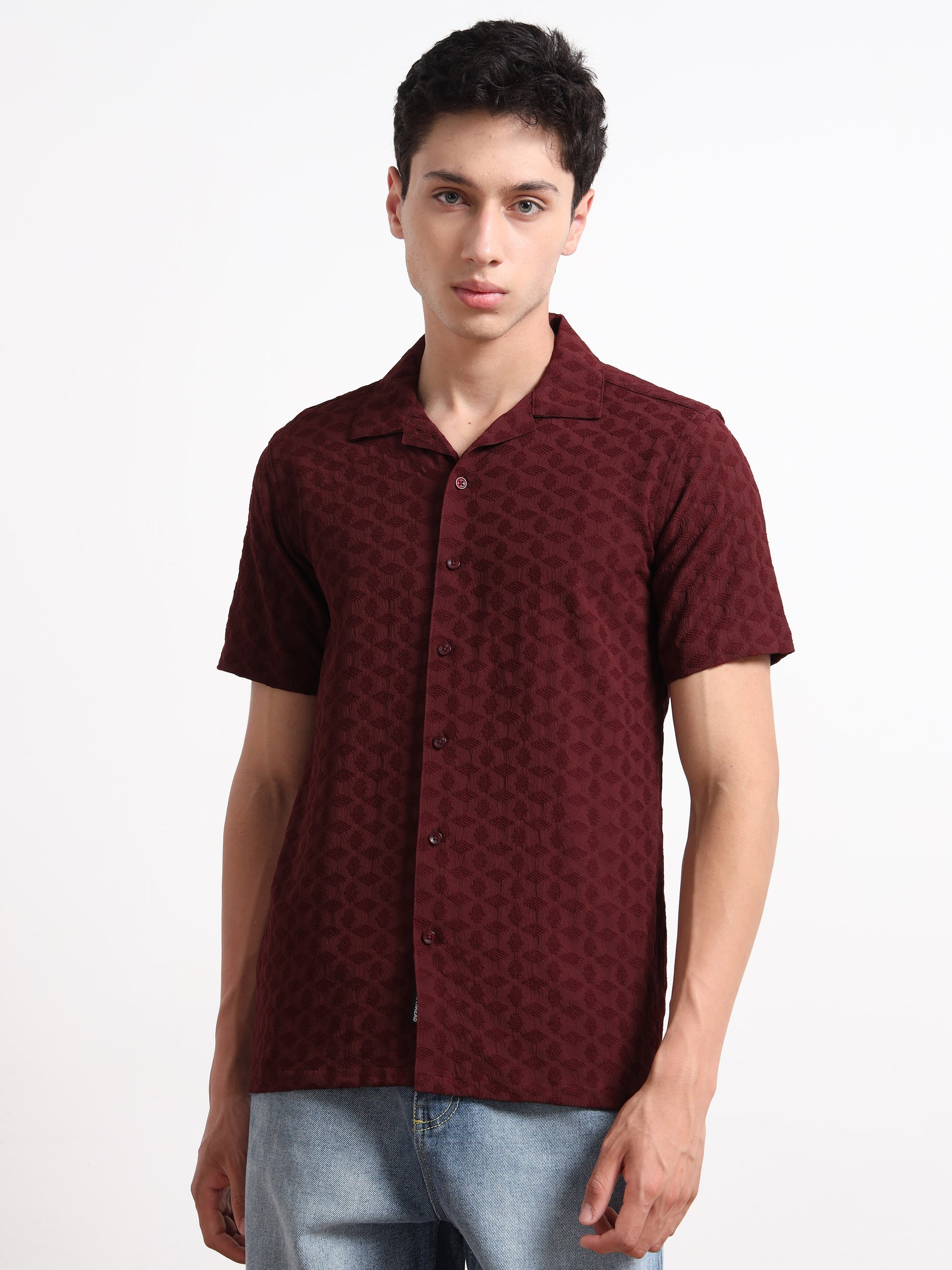 Textured Maroon Half Sleeve Shirt for Men