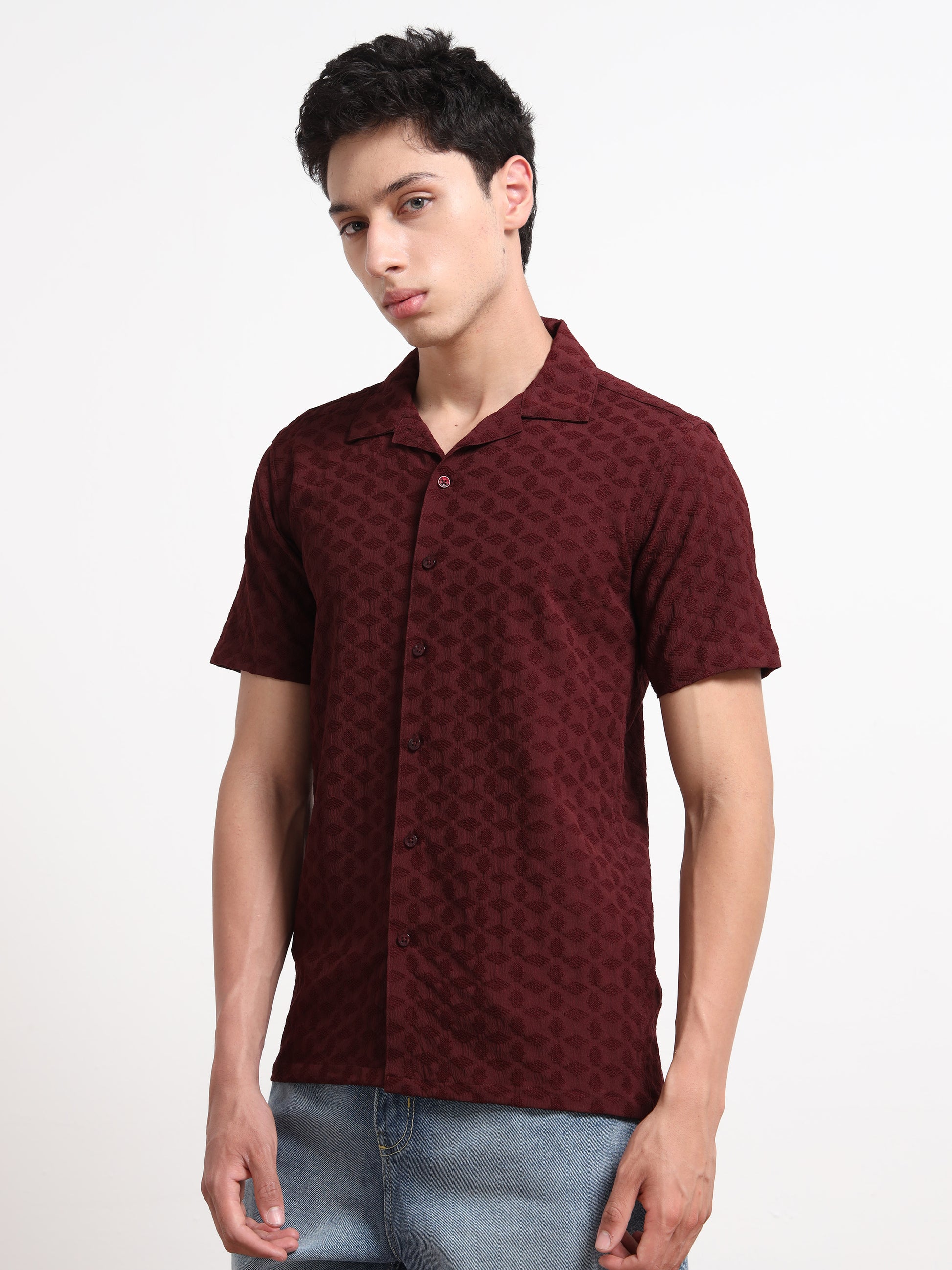 Textured Maroon Half Sleeve Shirt for Men