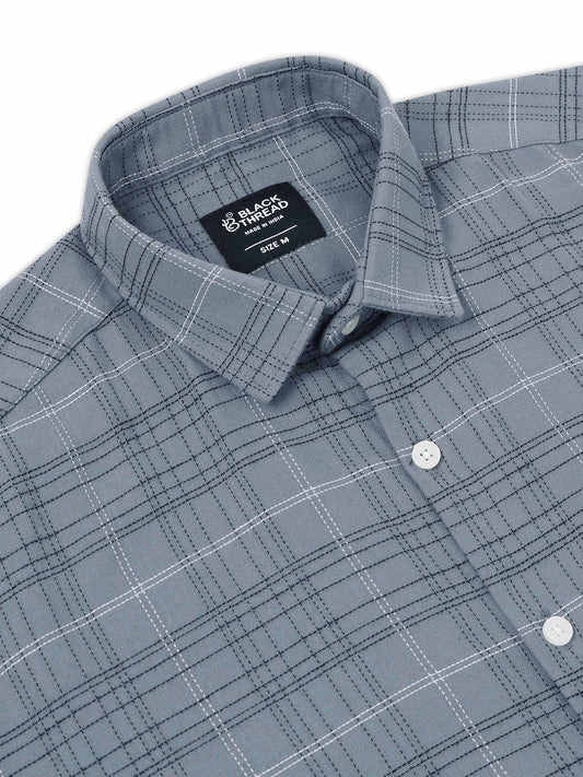 Grey Men's Cotton Embroidered Checked Casual Shirt - Premium Comfort Fit