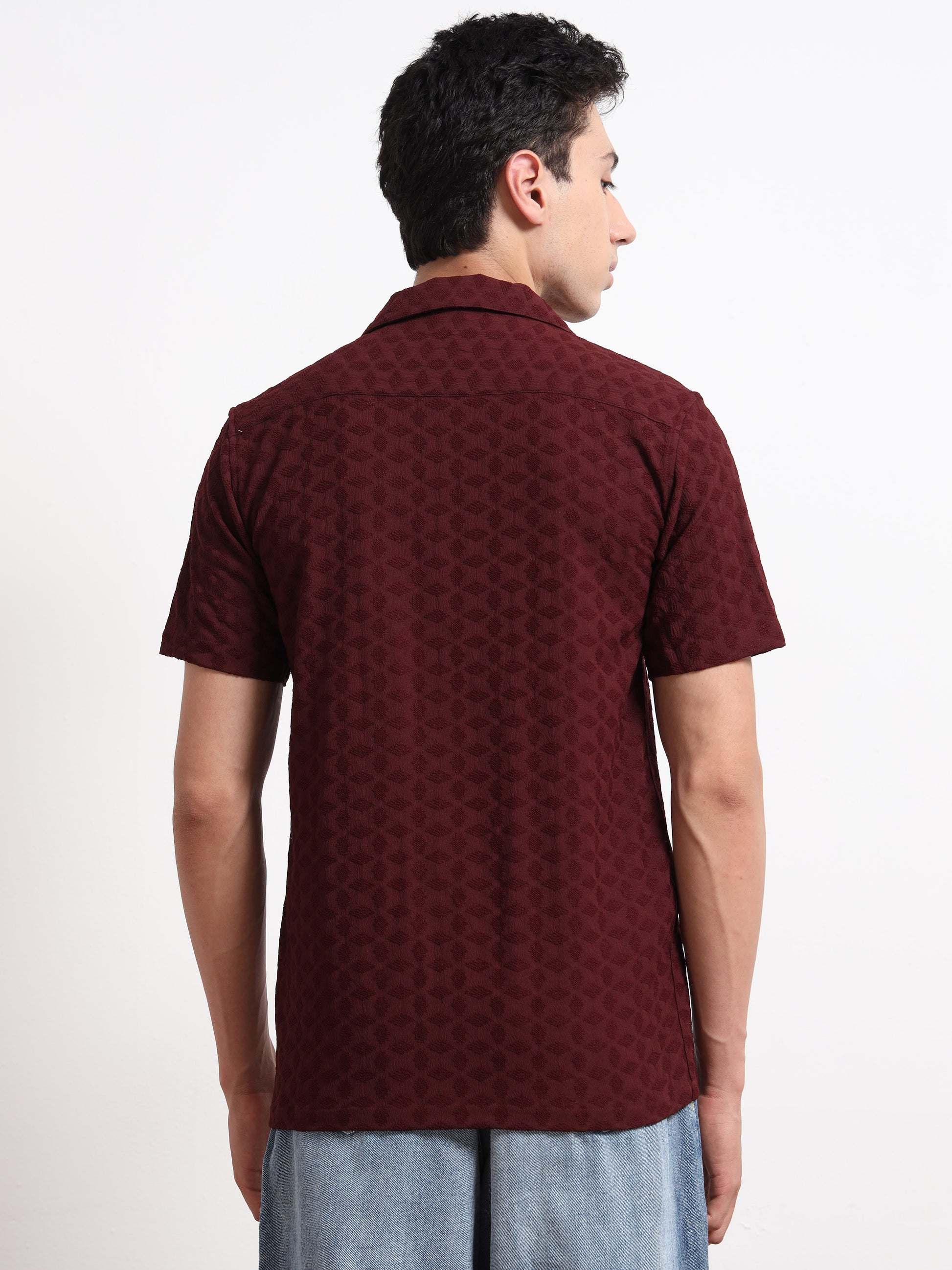 Textured Maroon Half Sleeve Shirt for Men