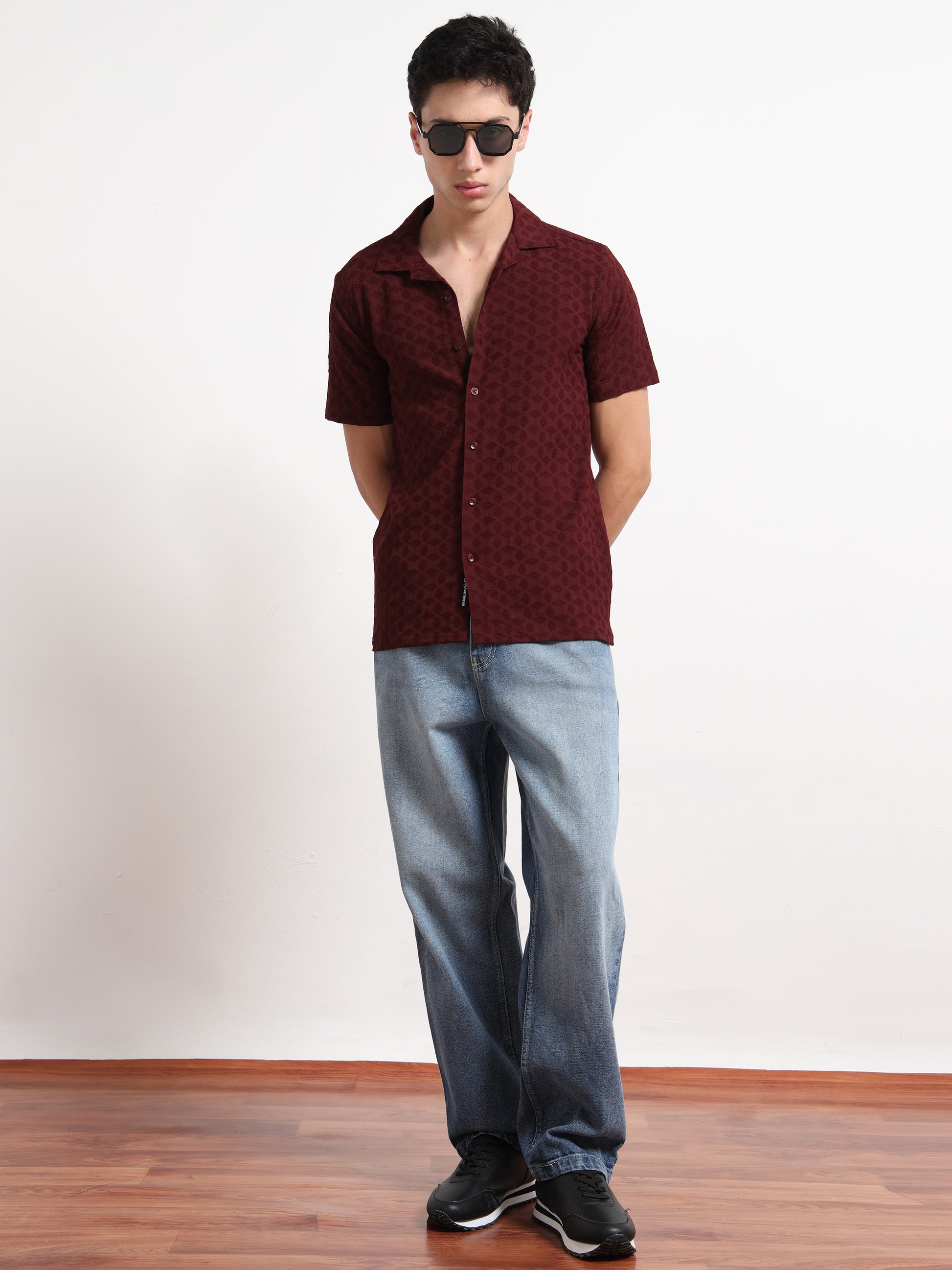 Textured Maroon Half Sleeve Shirt for Men