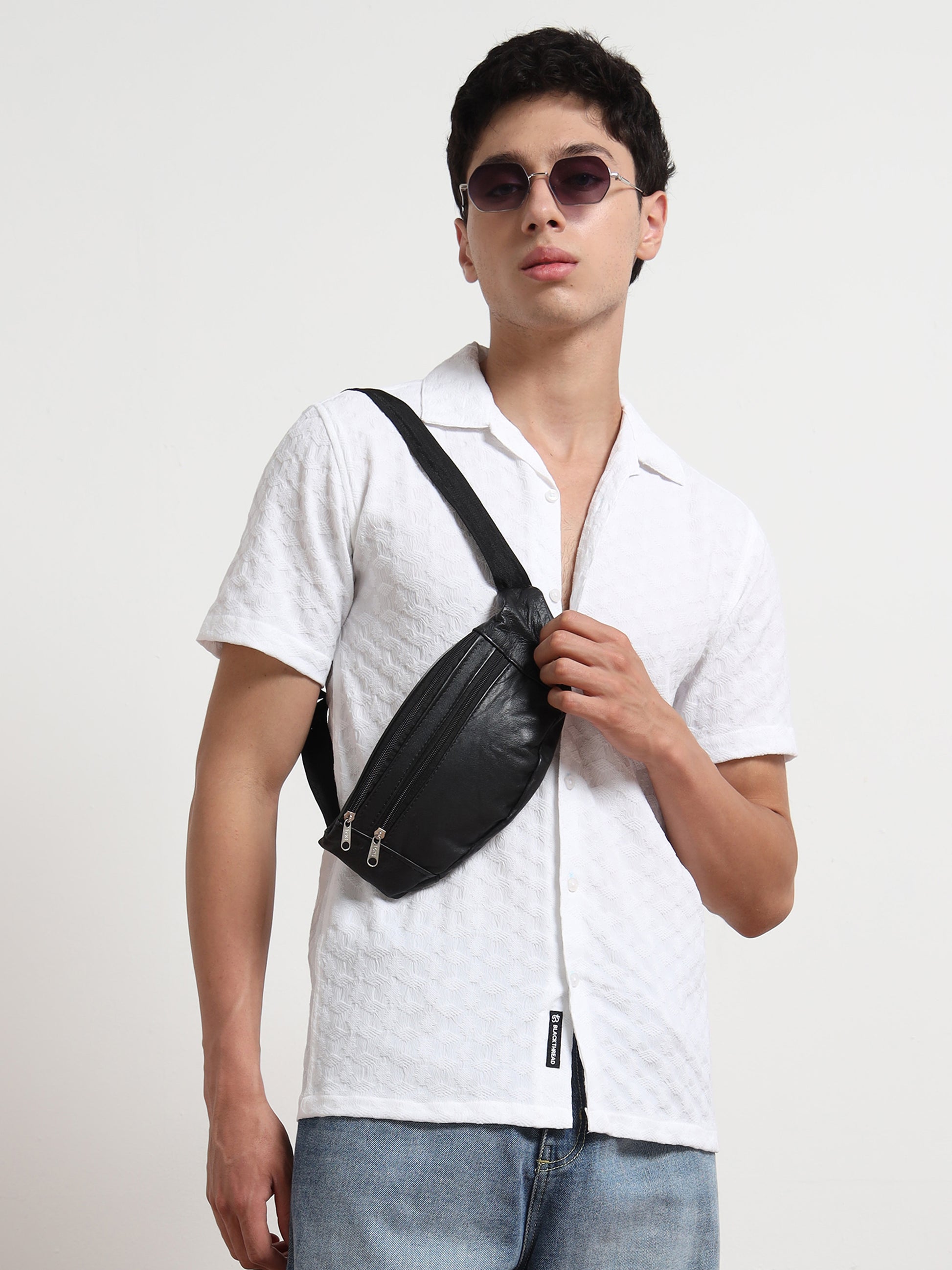 Half Sleeve Mens White Textured Shirt