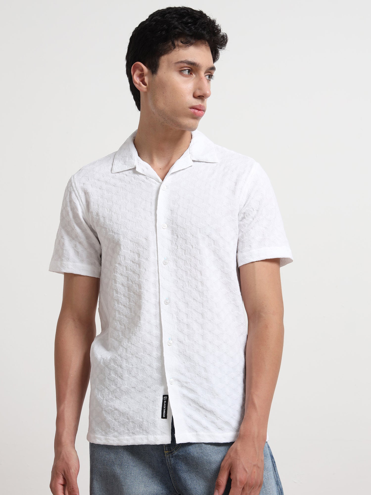 Half Sleeve Mens White Textured Shirt