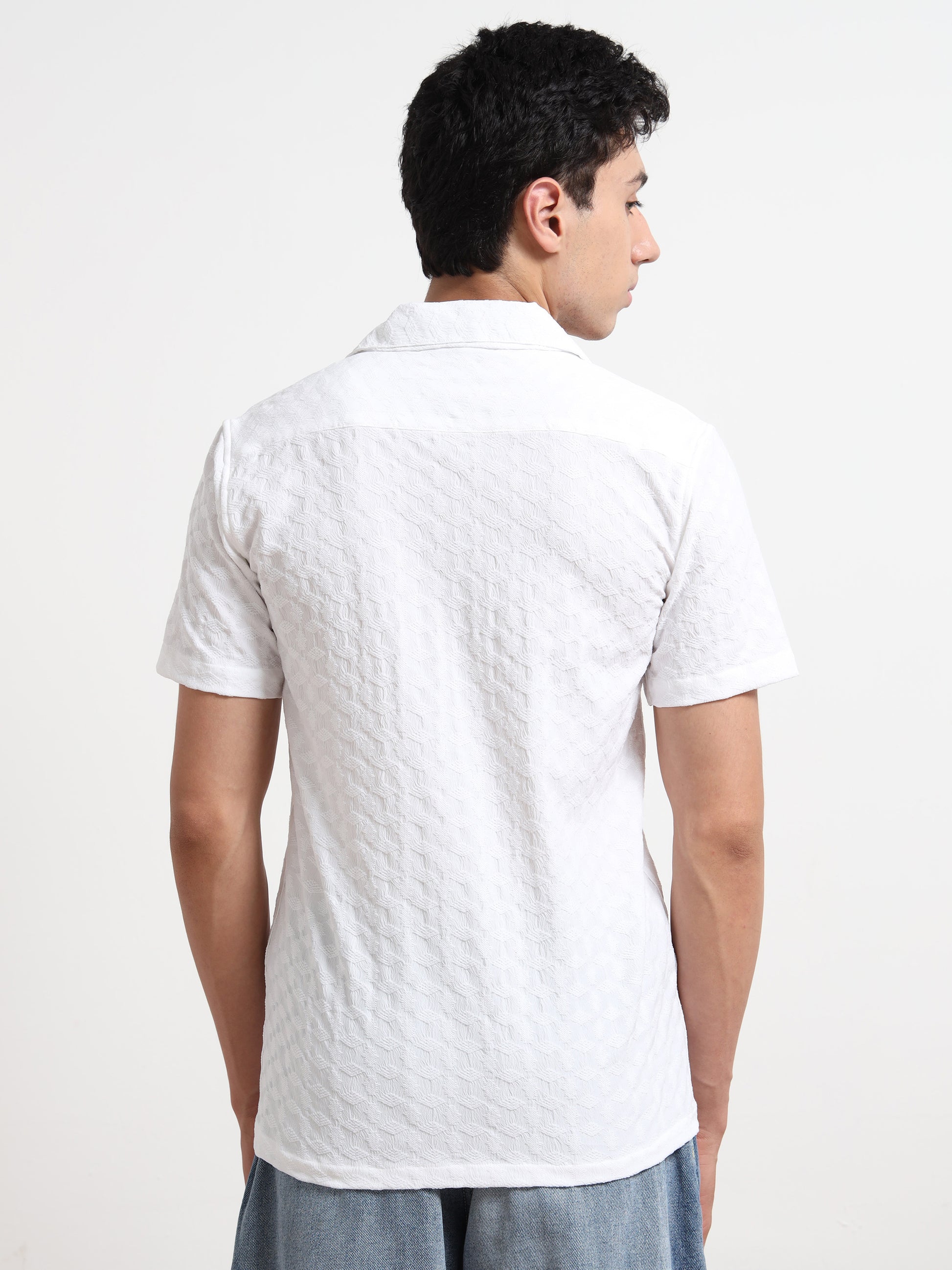 Half Sleeve Mens White Textured Shirt