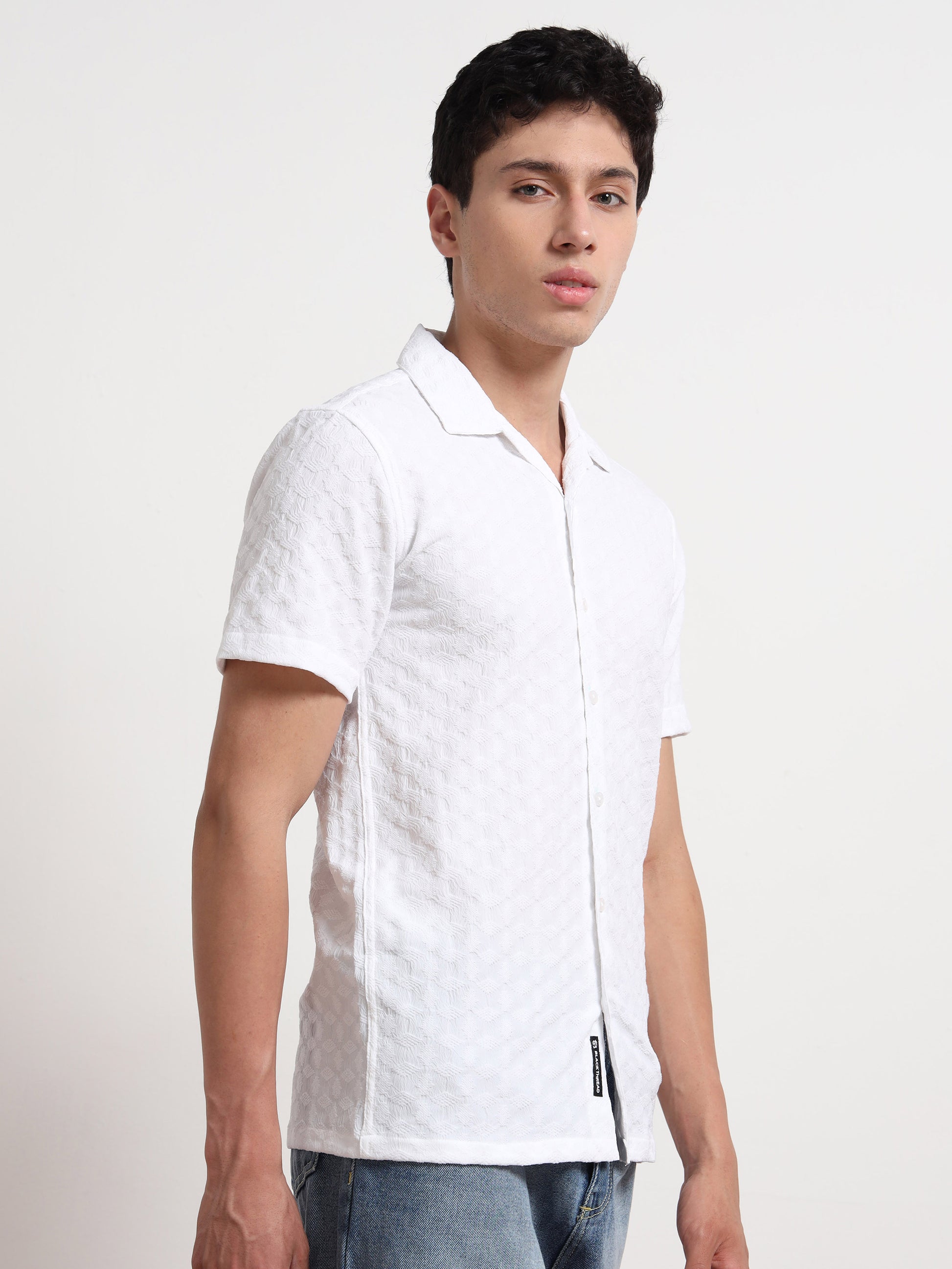 Half Sleeve Mens White Textured Shirt