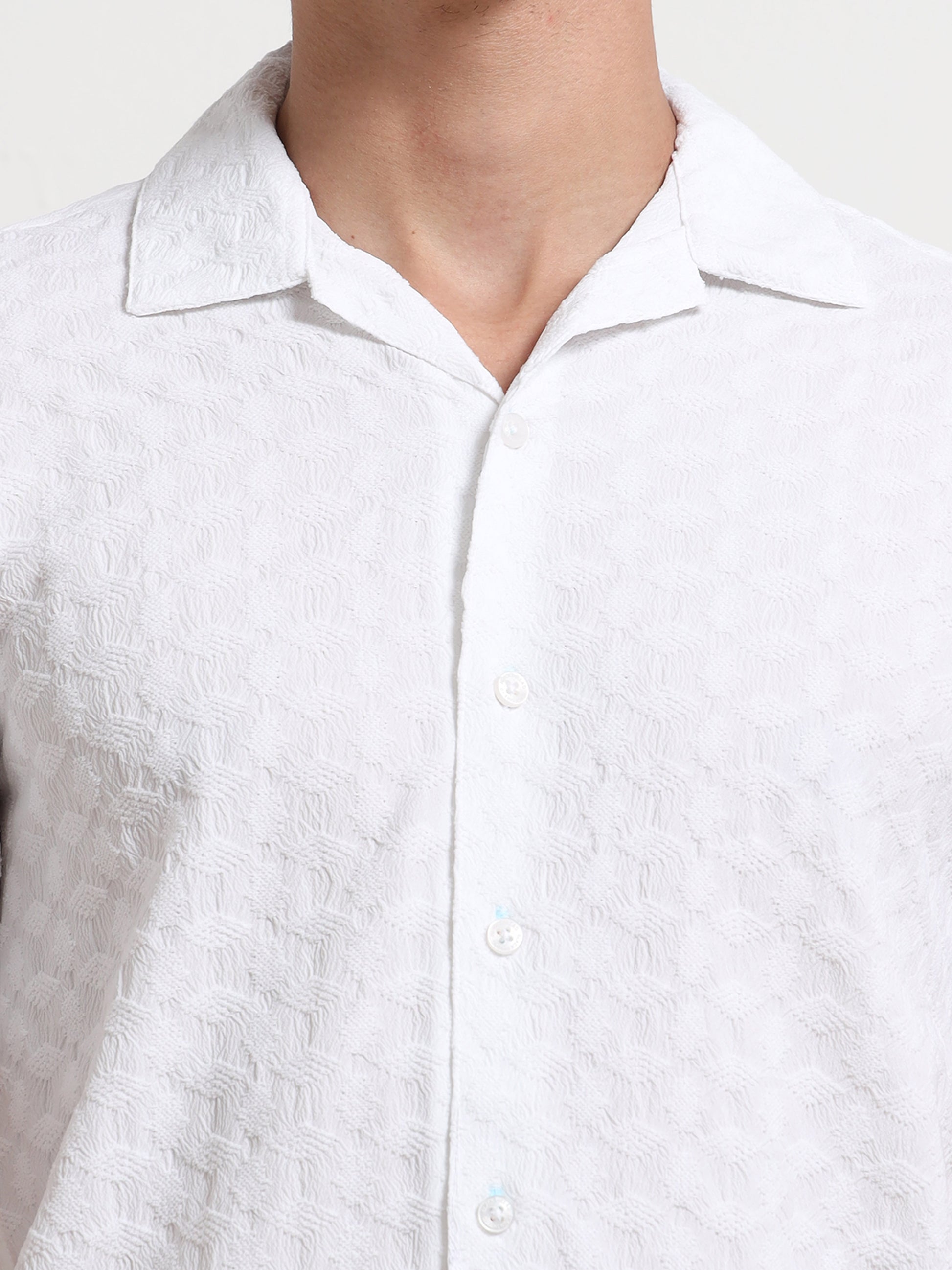 Half Sleeve Mens White Textured Shirt