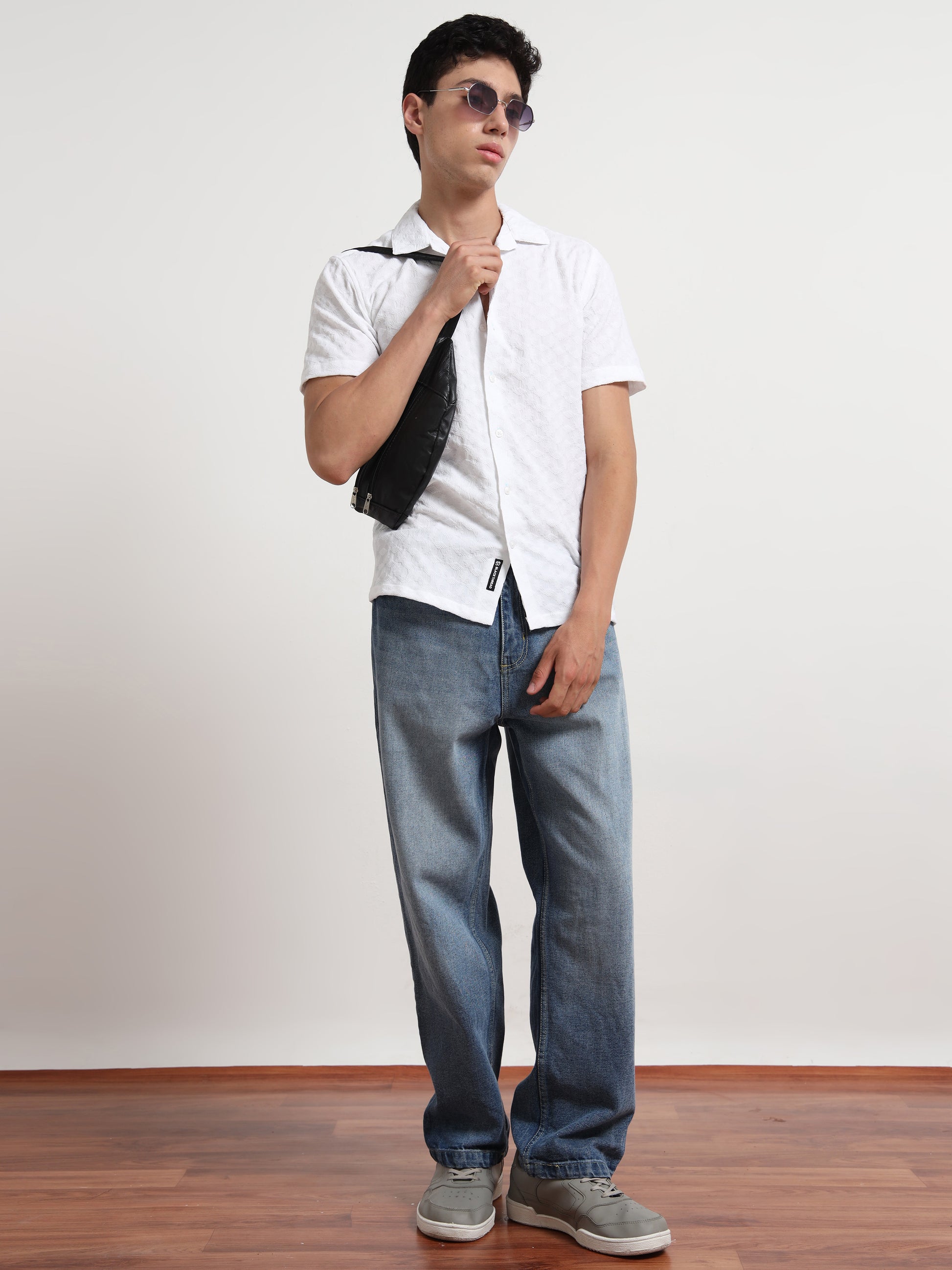 Half Sleeve Mens White Textured Shirt