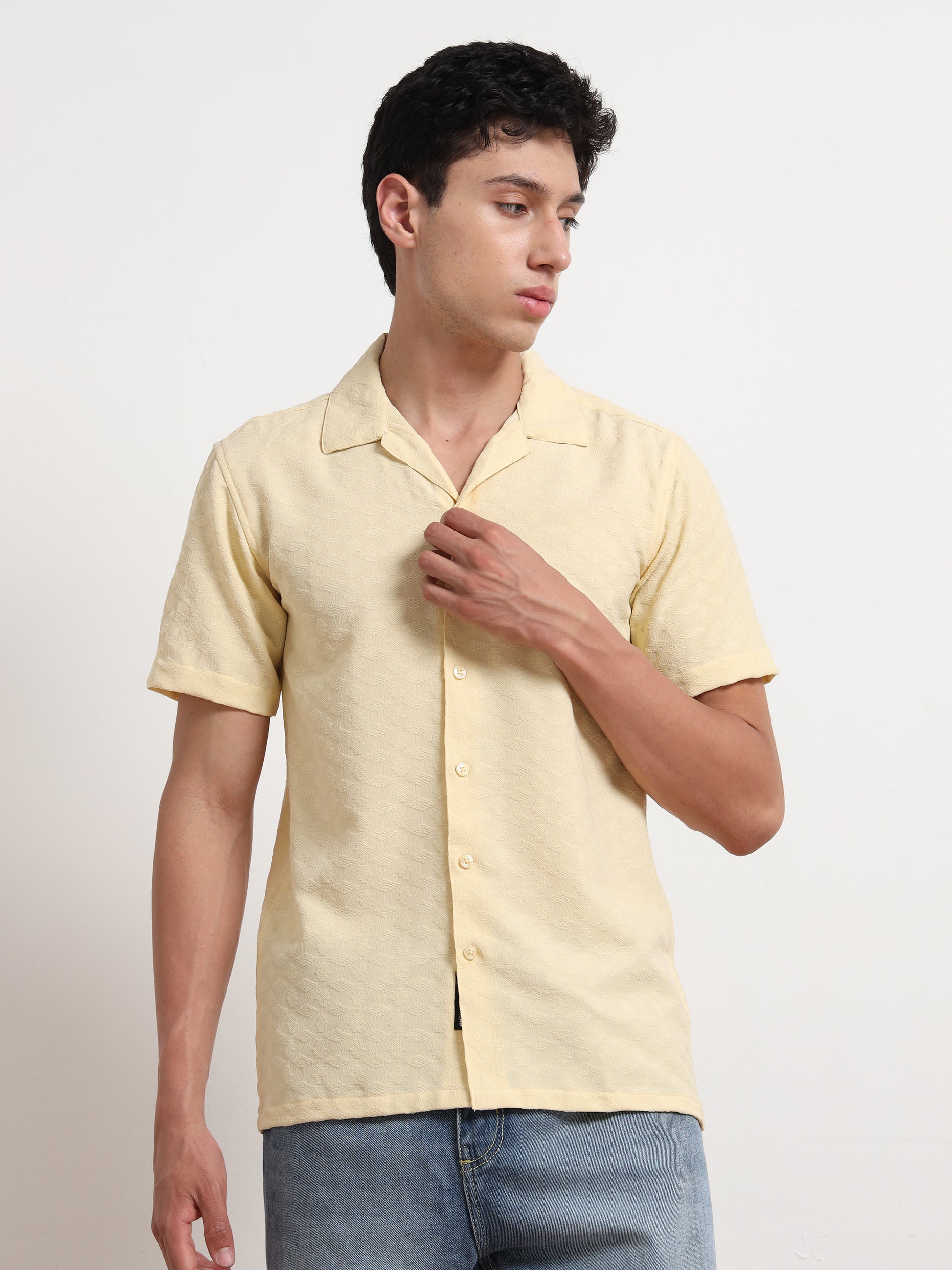 Textured Half Sleeve Yellow Shirt for Men