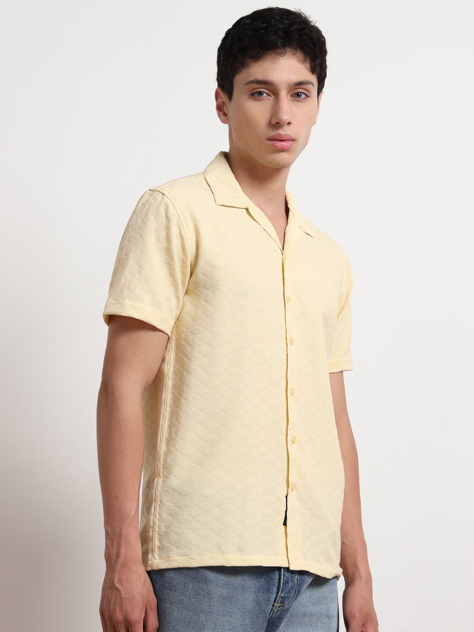 Textured Half Sleeve Yellow Shirt for Men