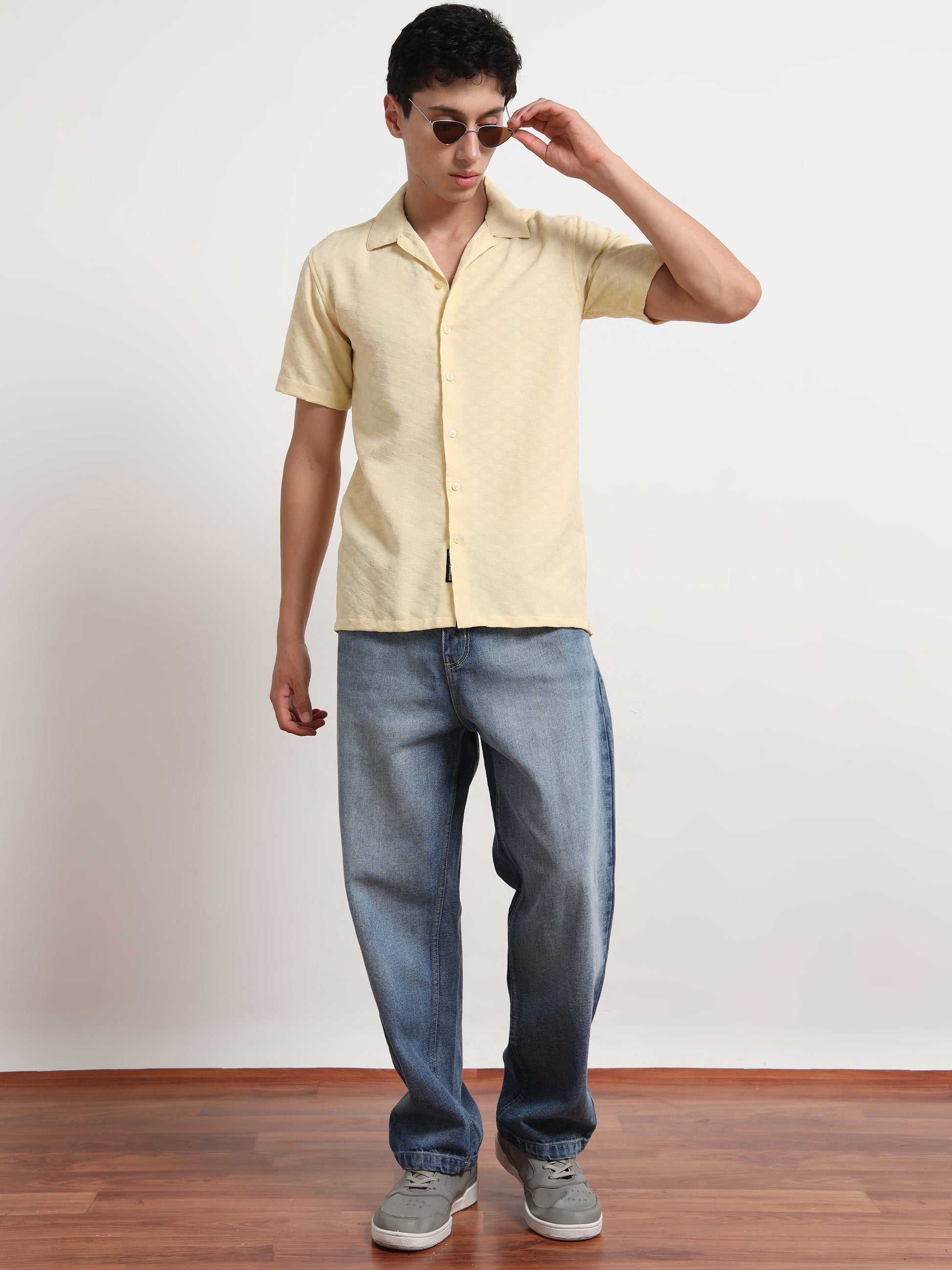 Textured Half Sleeve Yellow Shirt for Men