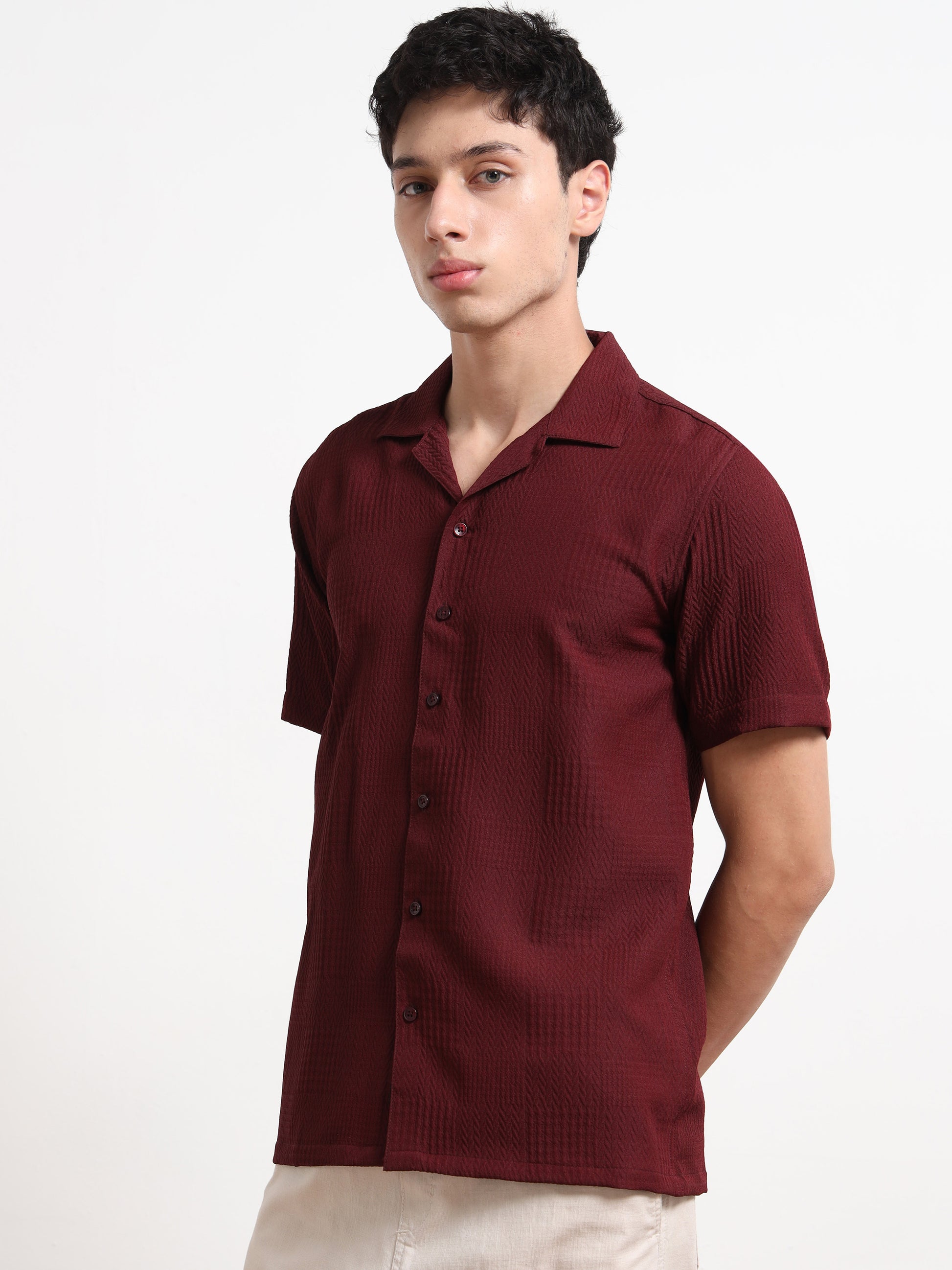 Textured Maroon Half Shirt for Men