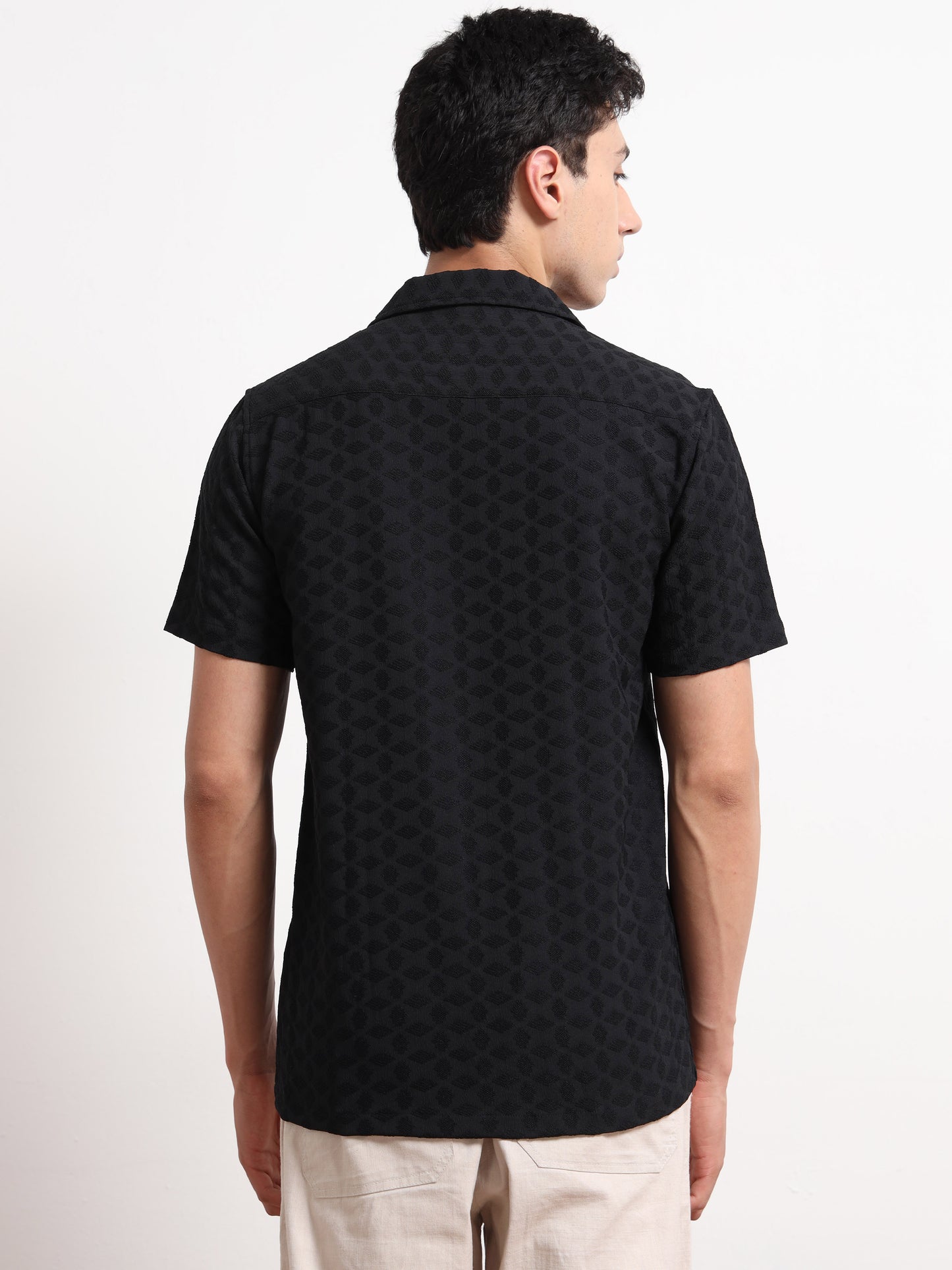 Half Sleeve Textured Black Shirt for Men