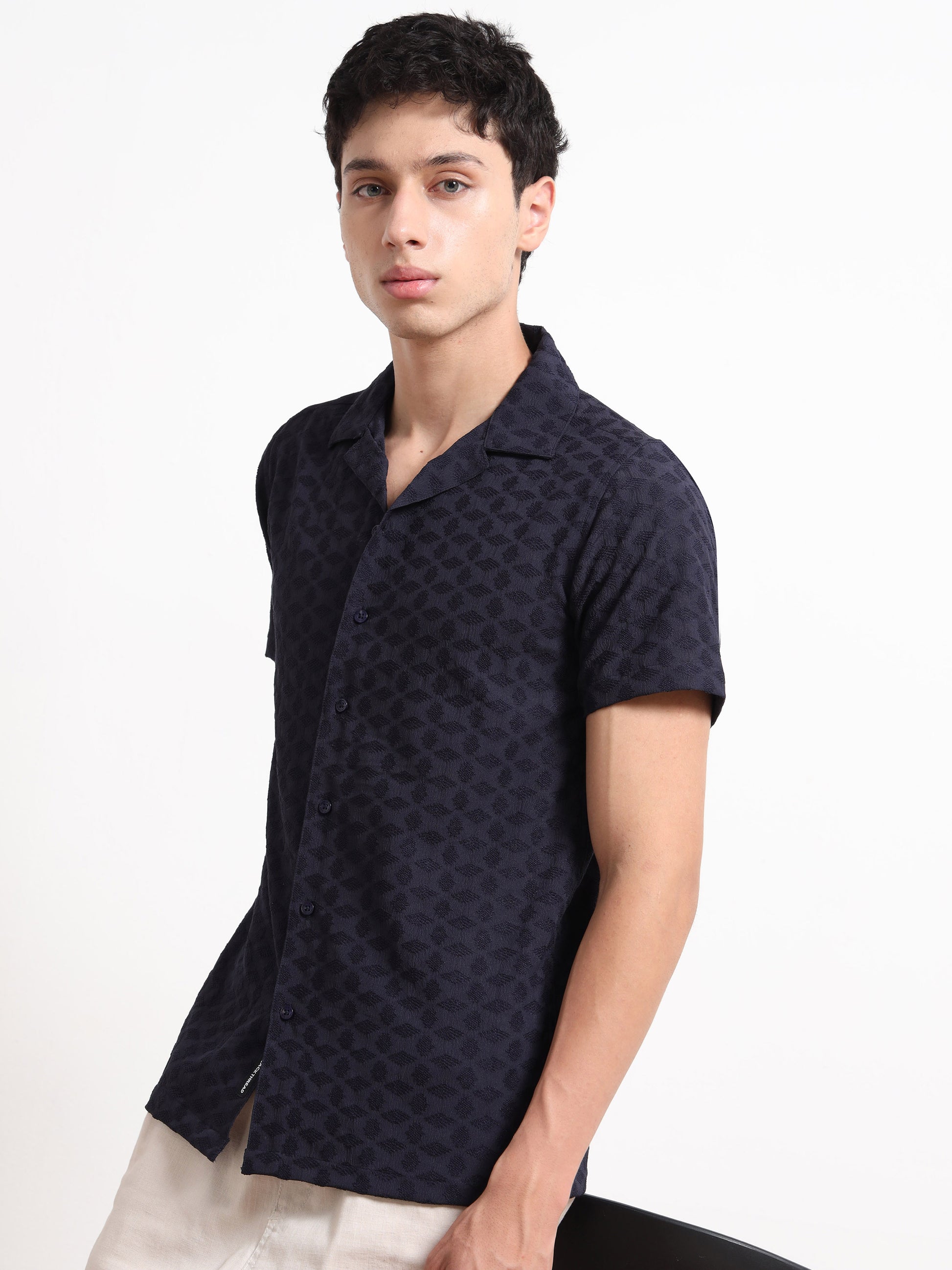 Textured Blue Half Sleeve Shirt For Men