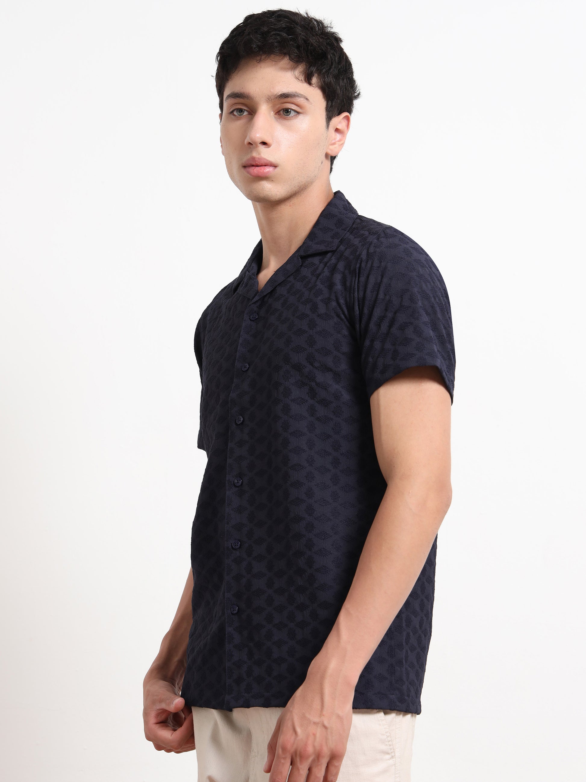 Textured Blue Half Sleeve Shirt For Men