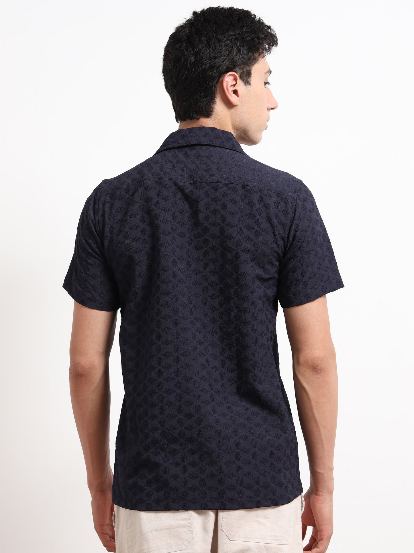 Textured Blue Half Sleeve Shirt For Men