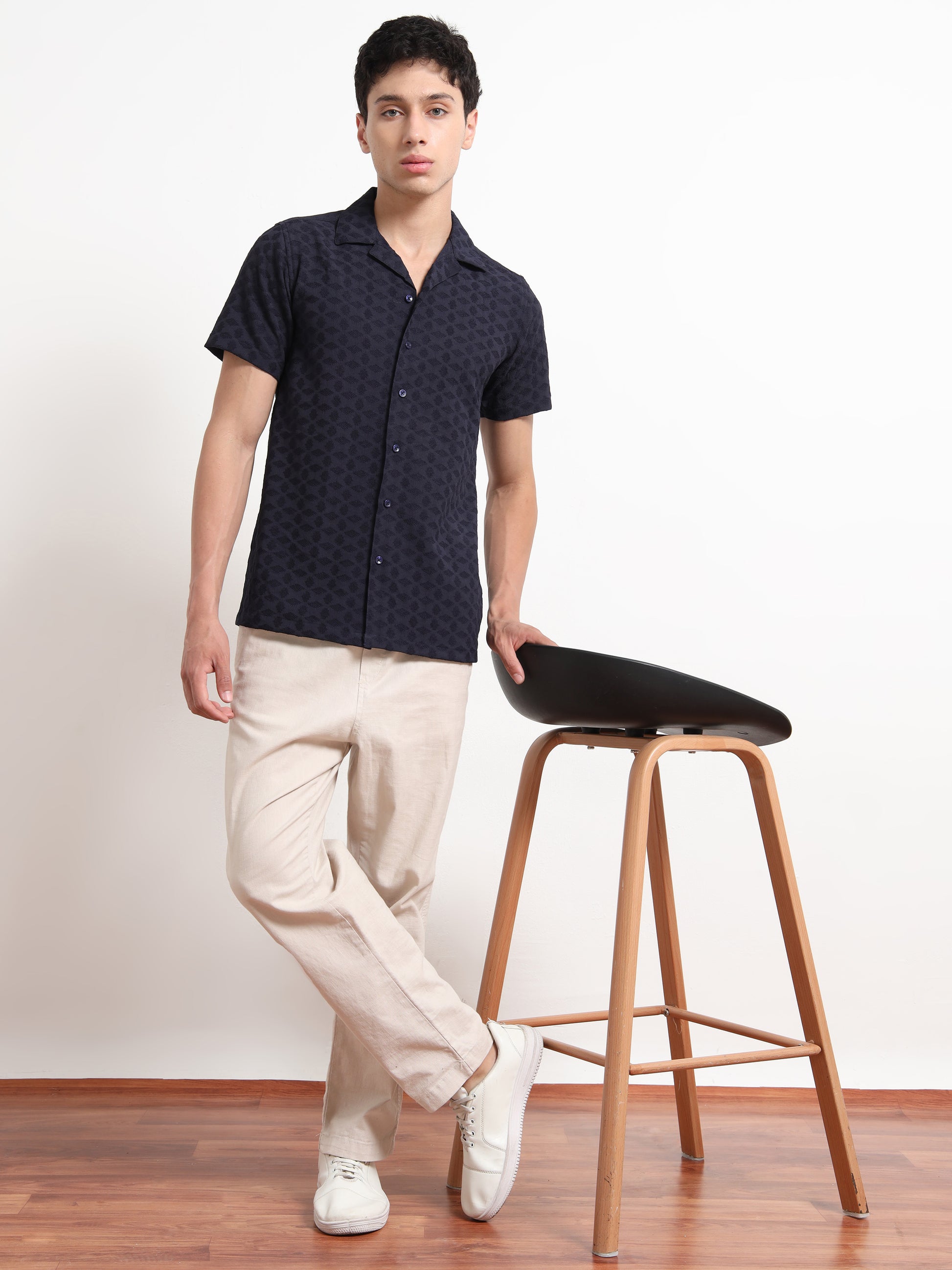 Textured Blue Half Sleeve Shirt For Men