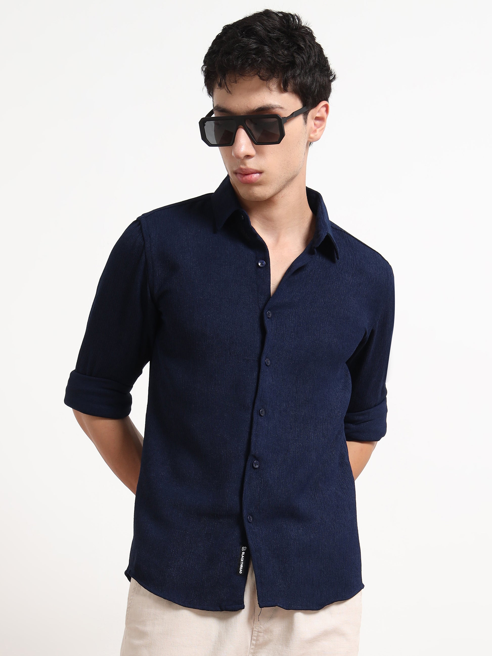 Full Sleeve Blue Texture Shirt for Men
