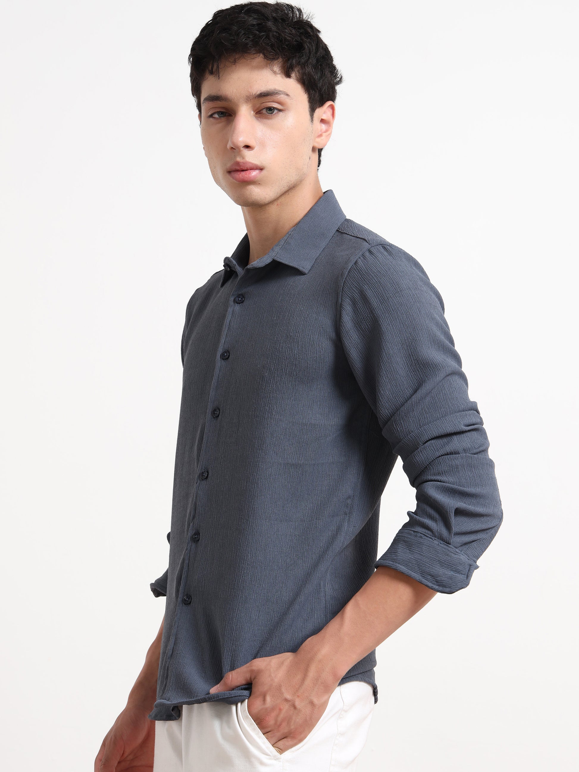 Textured Long Sleeve Grey Top Shirt for Men