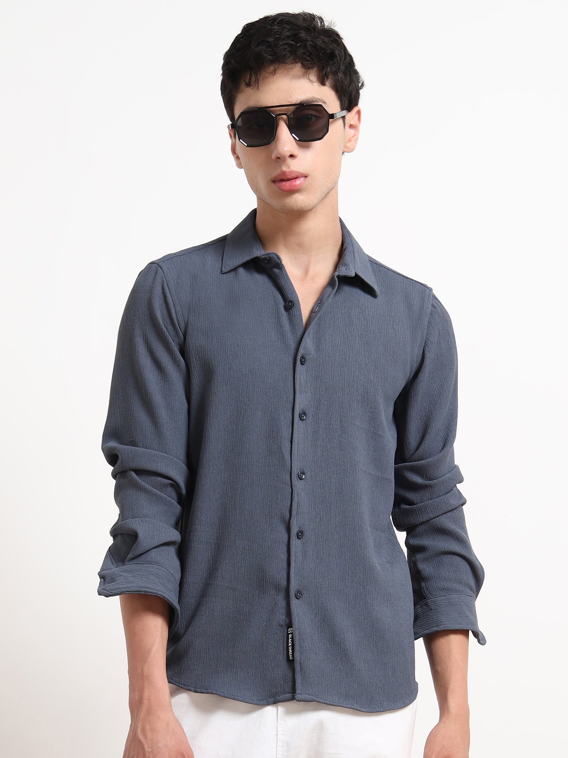 Textured Long Sleeve Grey Top Shirt for Men