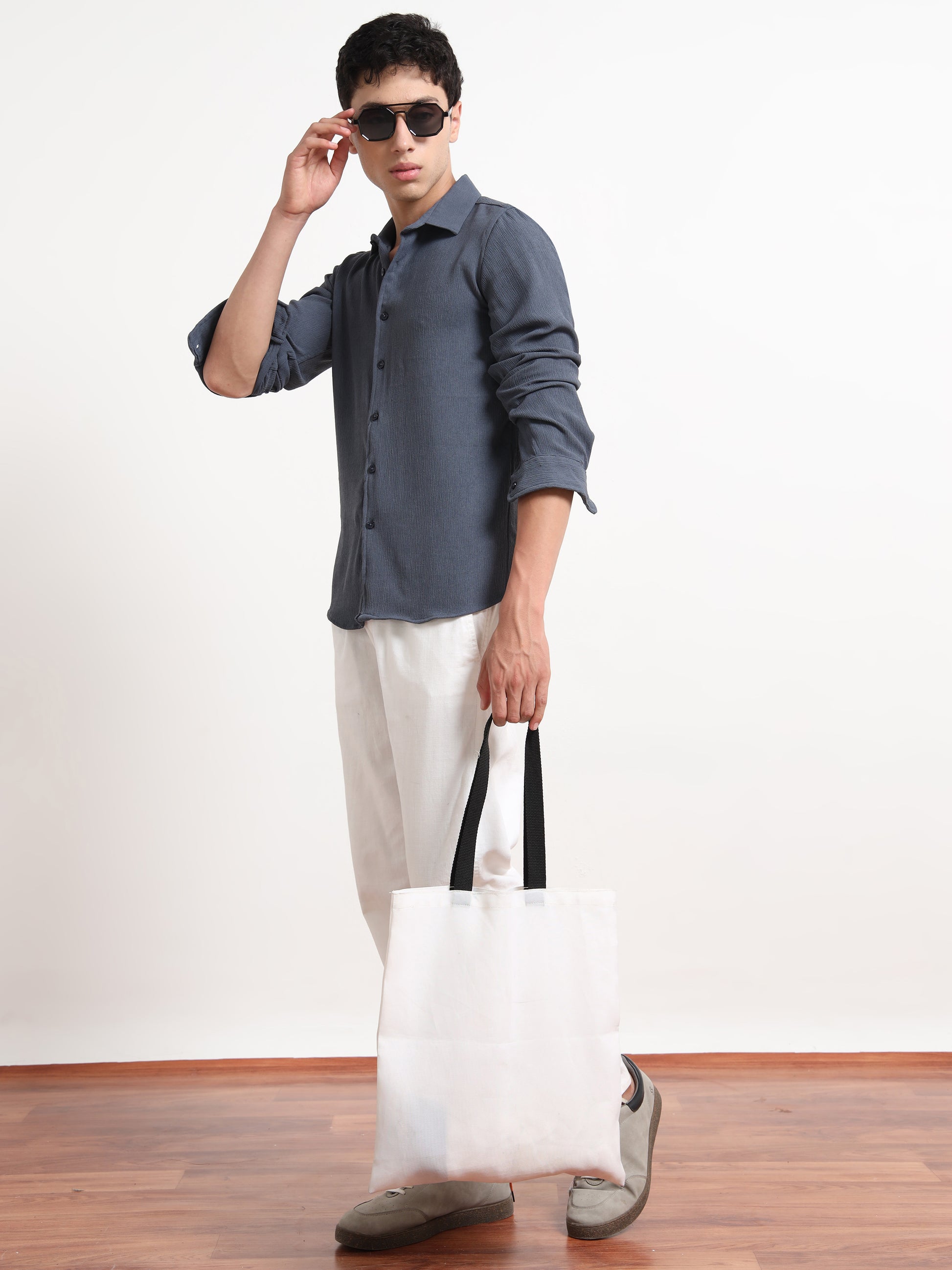 Textured Long Sleeve Grey Top Shirt for Men