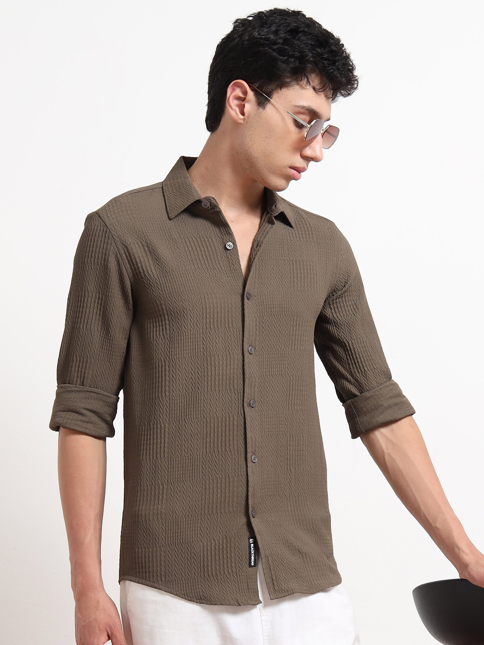 Full Sleeve Textured Mens Khaki Shirt