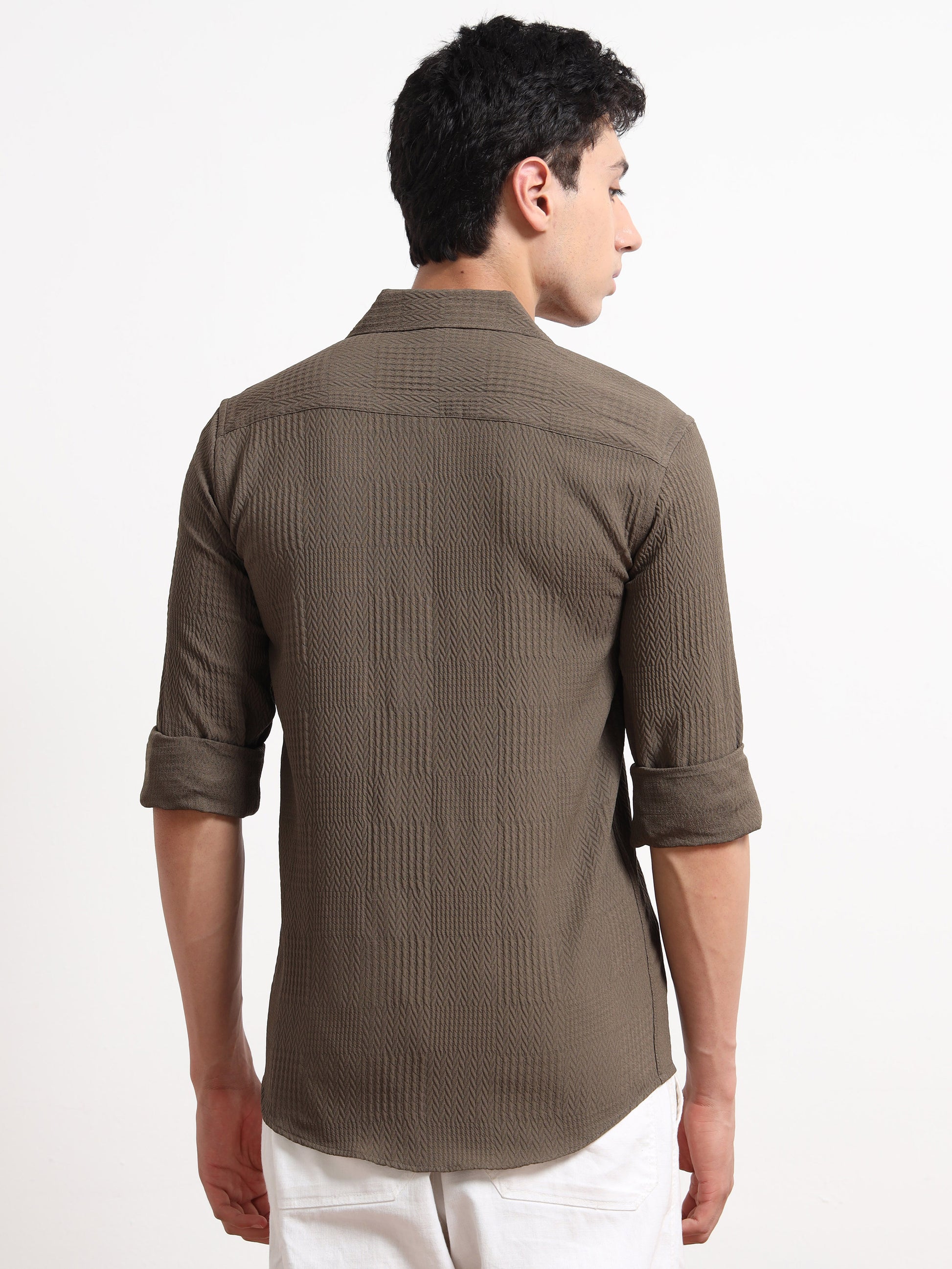 Full Sleeve Textured Mens Khaki Shirt