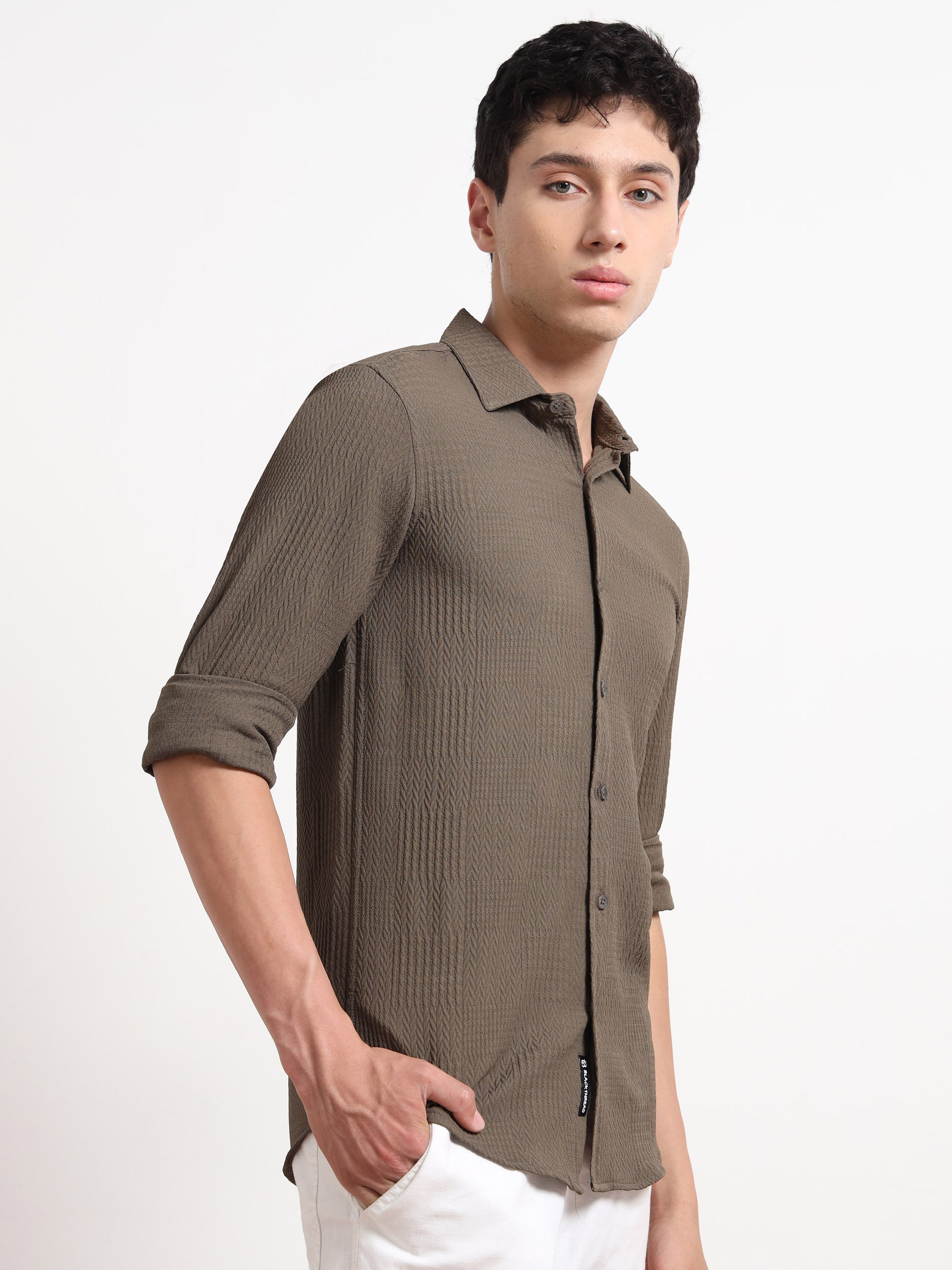 Full Sleeve Textured Mens Khaki Shirt