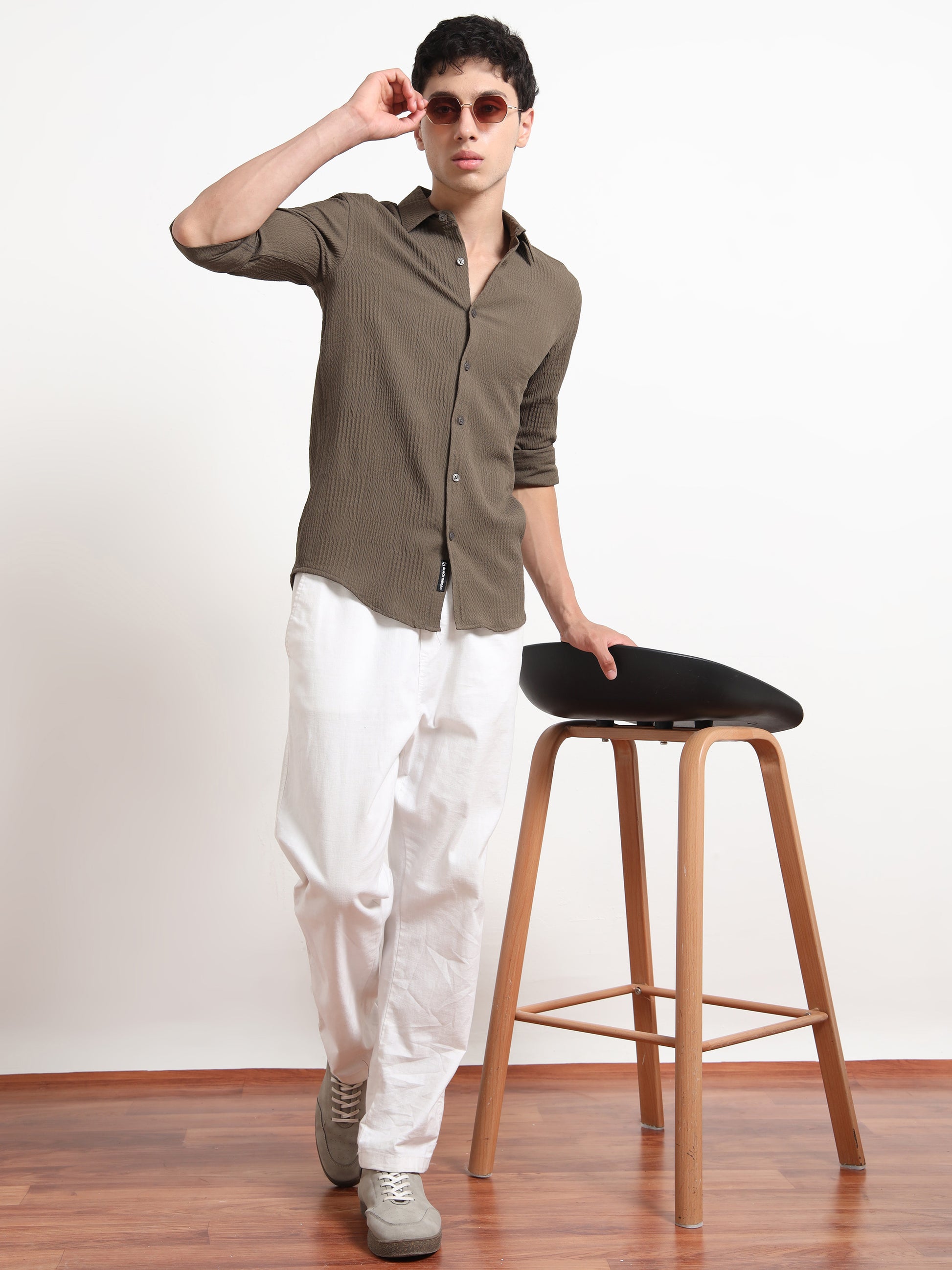 Full Sleeve Textured Mens Khaki Shirt