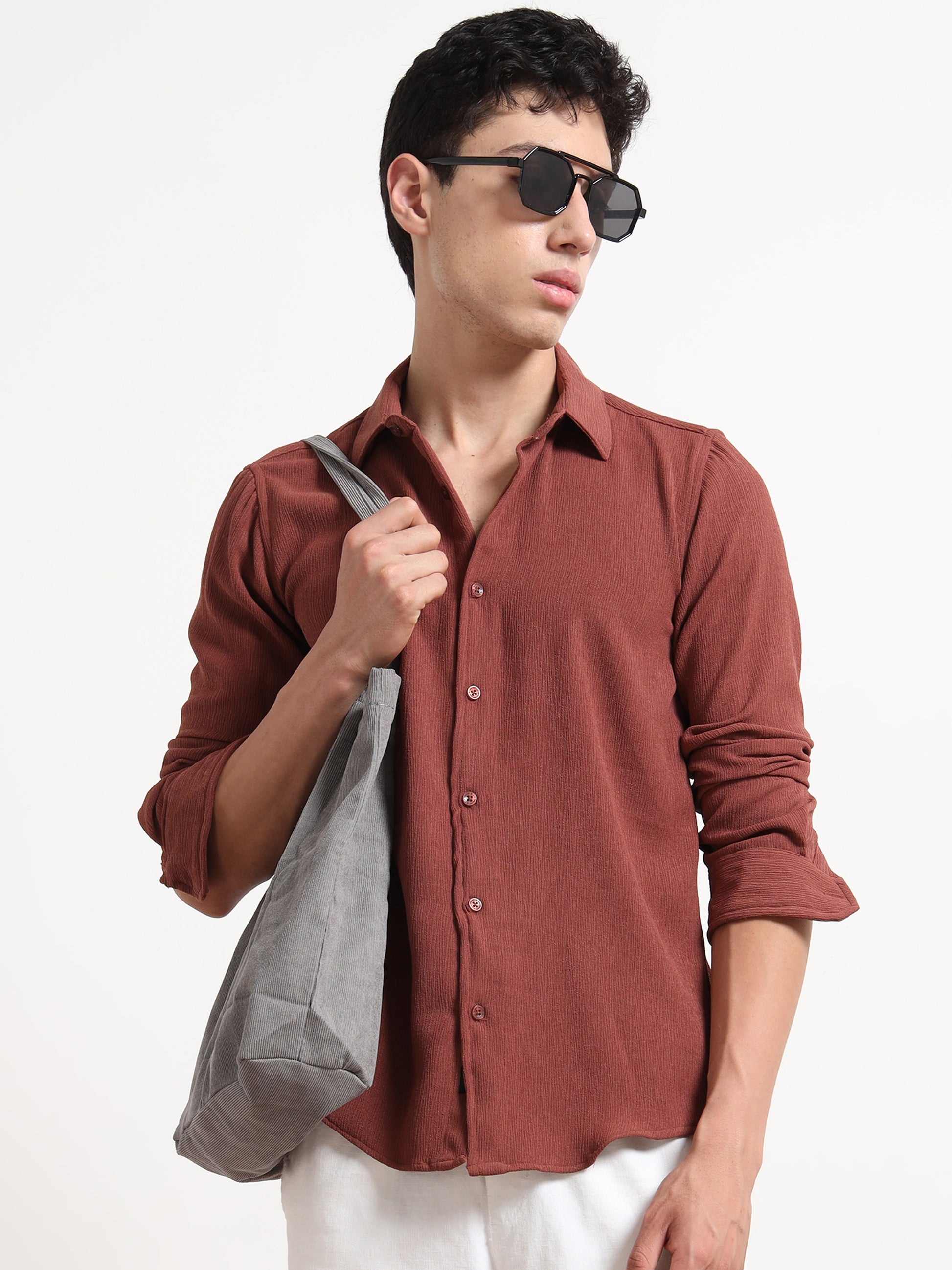 Full Sleeve Textured Mens Brown Shirt
