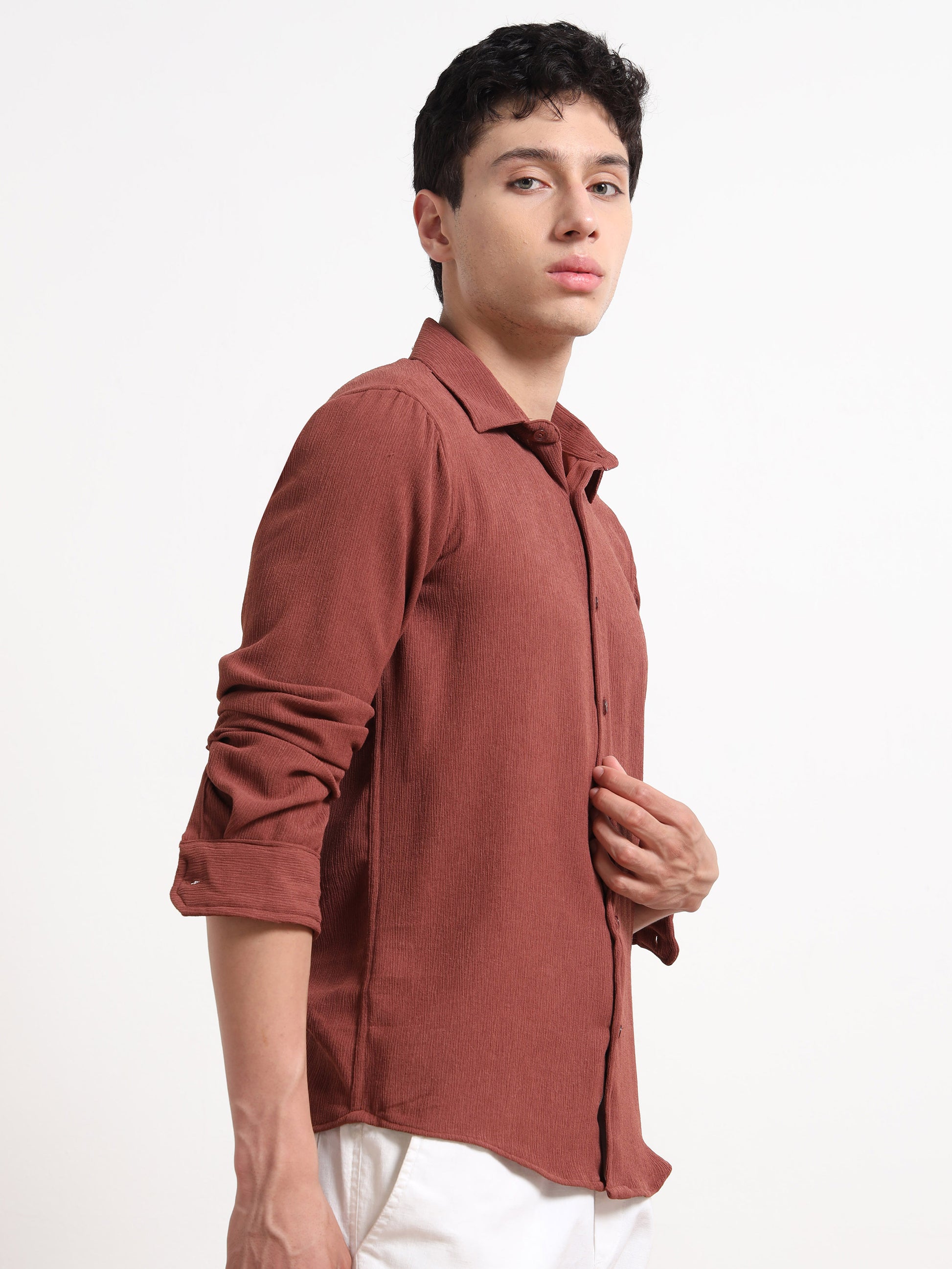 Full Sleeve Textured Mens Brown Shirt