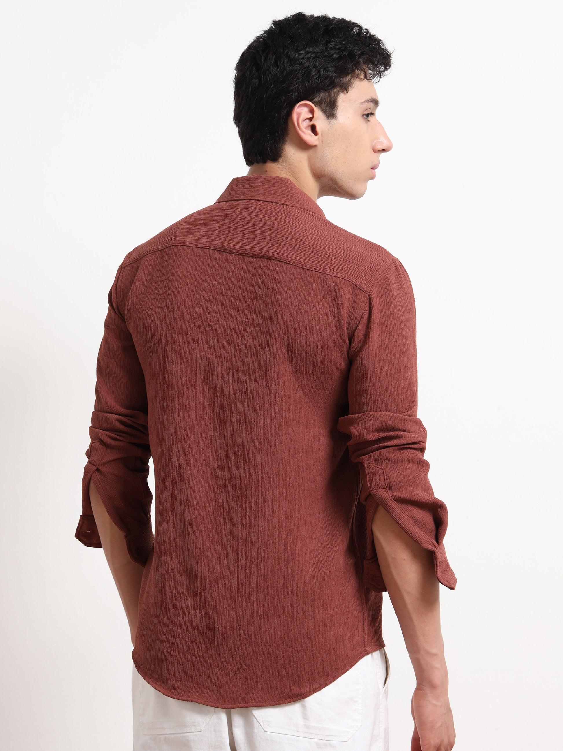 Full Sleeve Textured Mens Brown Shirt