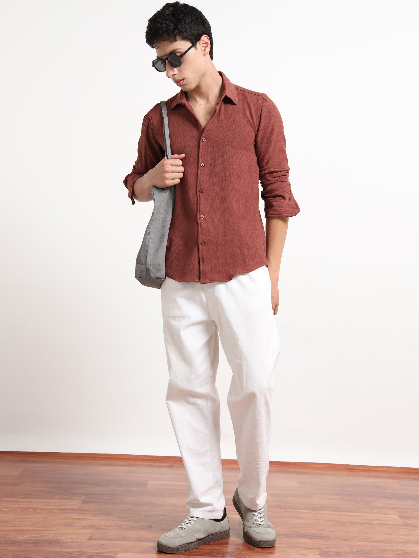 Full Sleeve Textured Mens Brown Shirt
