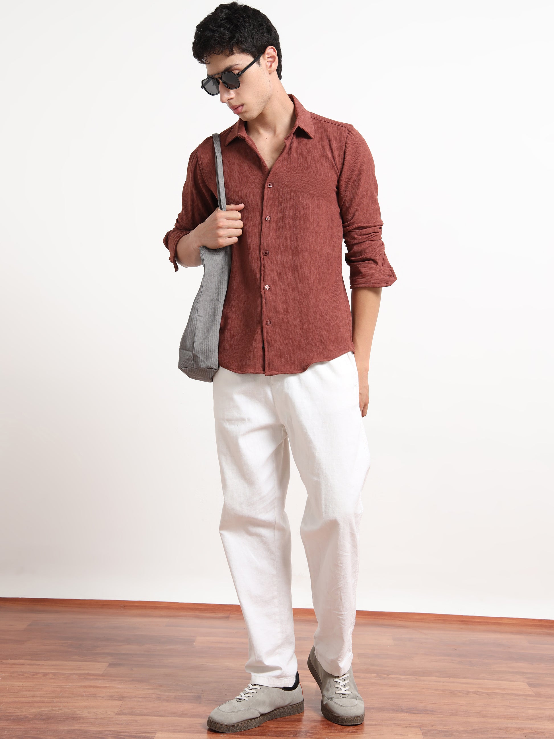 Full Sleeve Textured Mens Brown Shirt