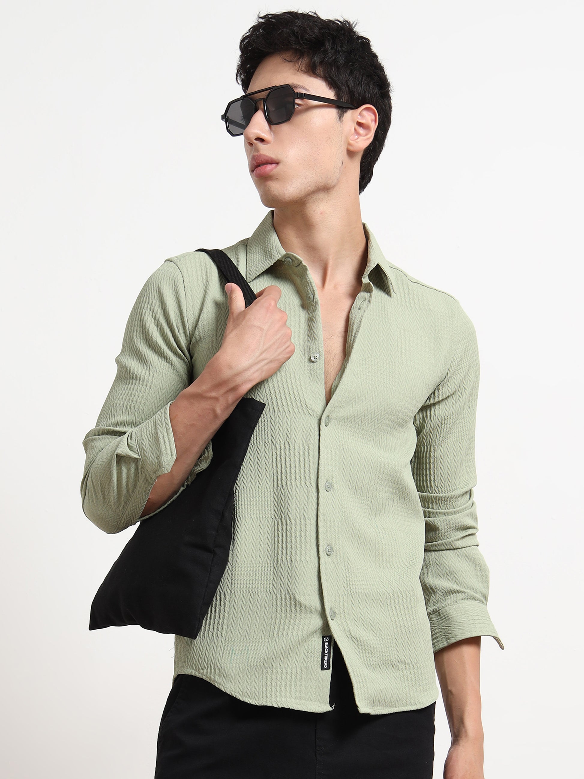 Full Sleeve Textured Mens Olive Green Shirt