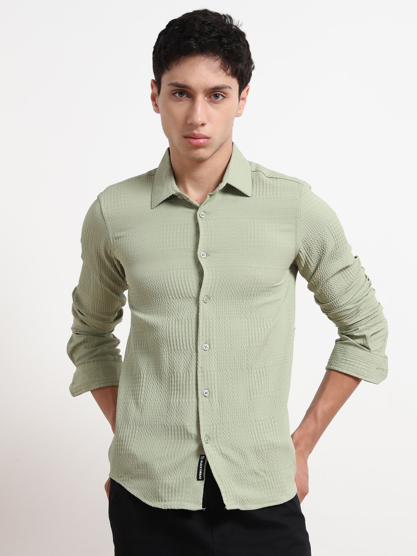 Full Sleeve Textured Mens Olive Green Shirt