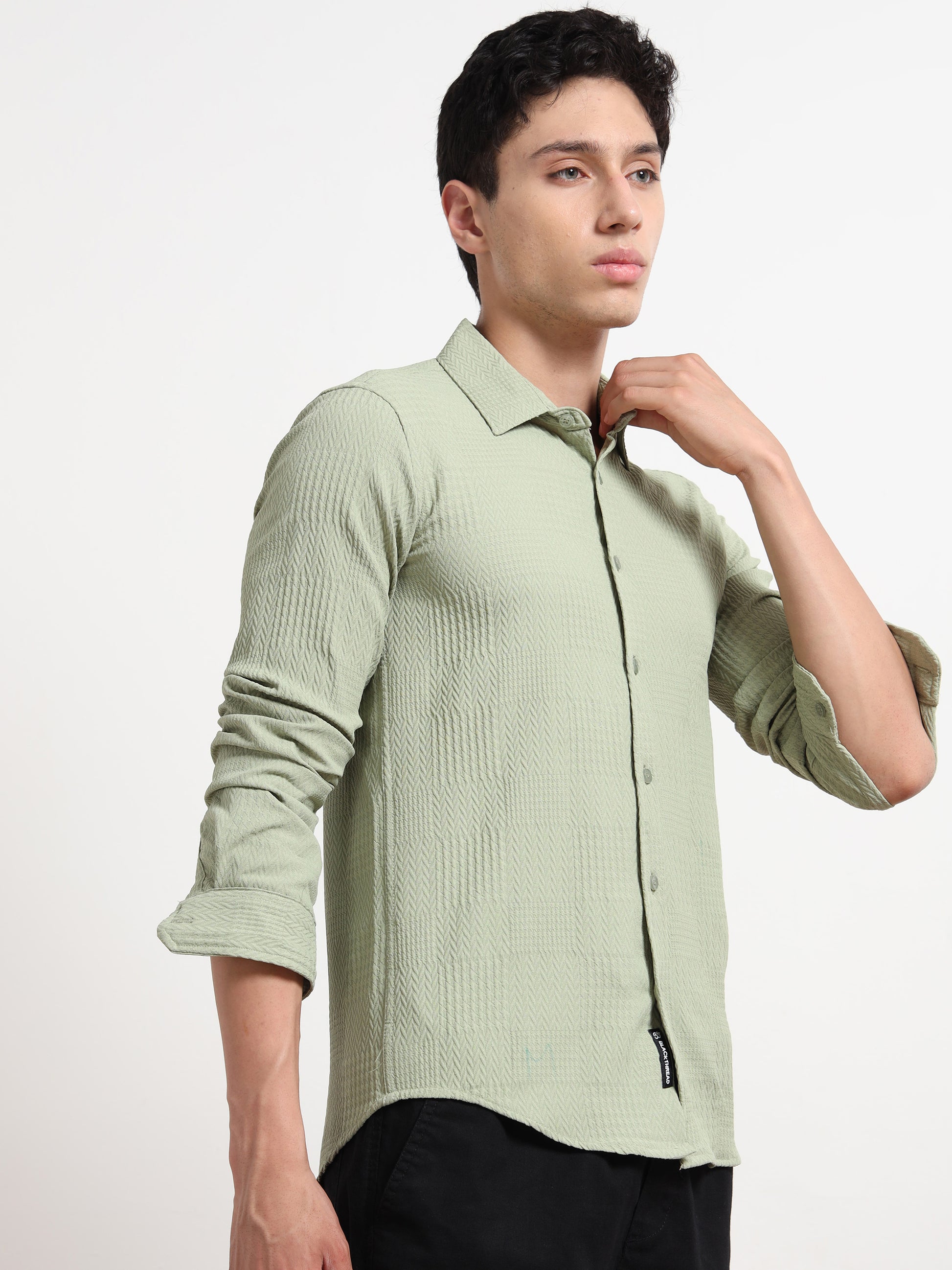 Full Sleeve Textured Mens Olive Green Shirt
