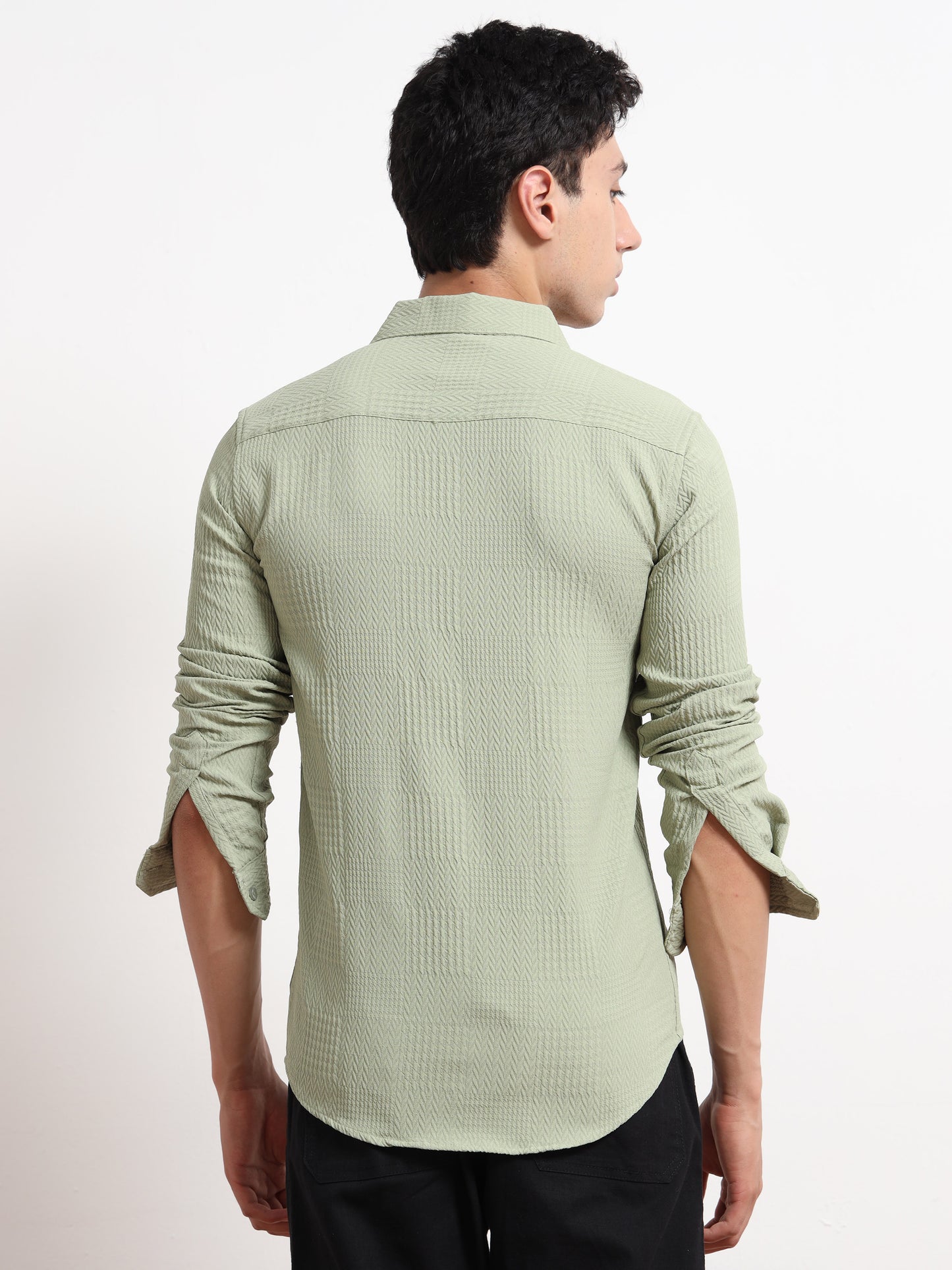 Full Sleeve Textured Mens Olive Green Shirt