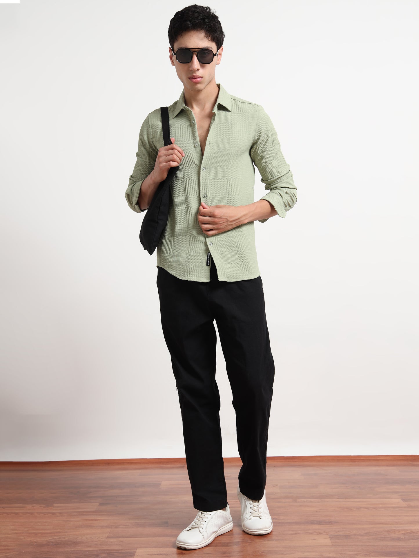 Full Sleeve Textured Mens Olive Green Shirt