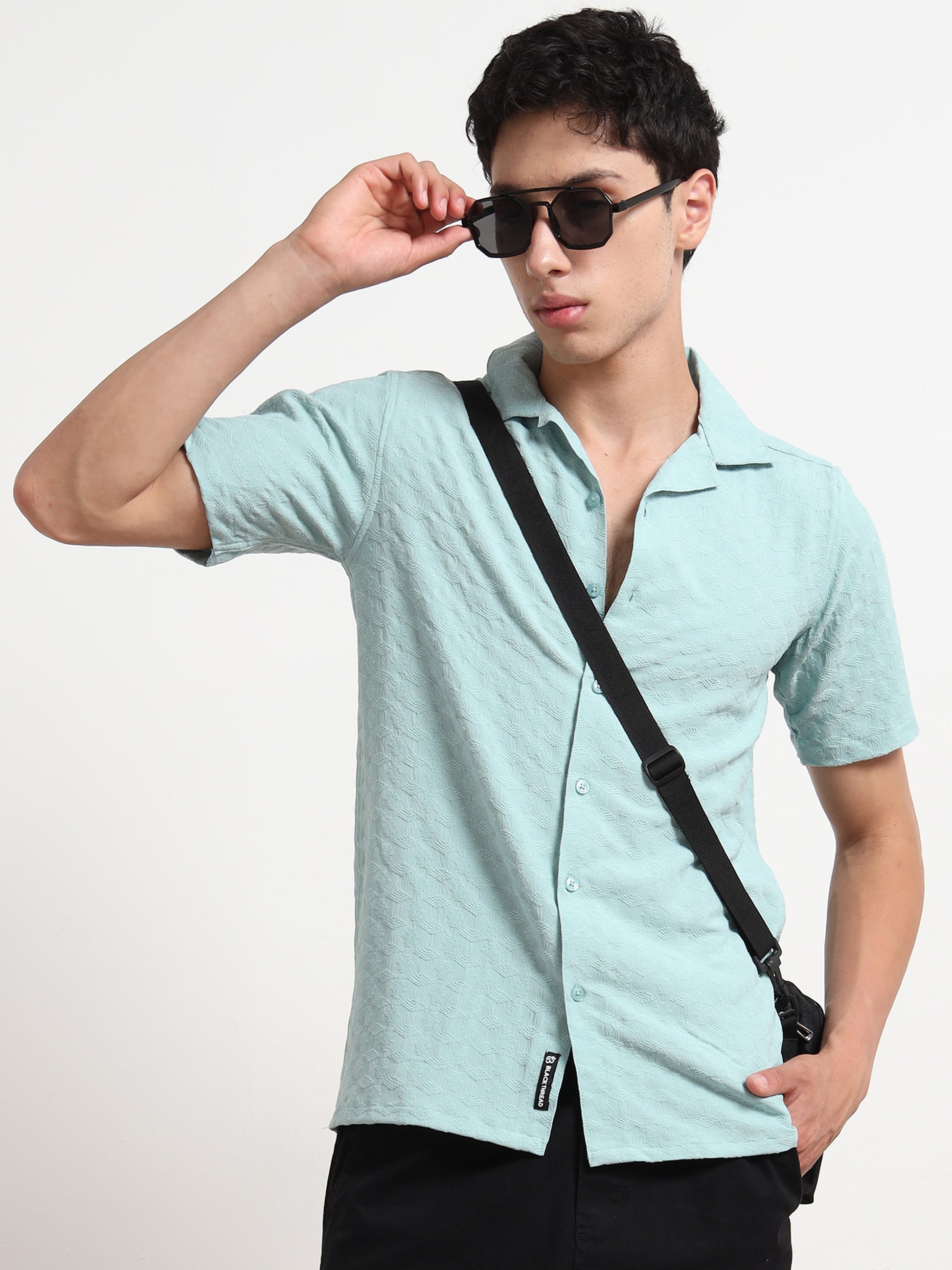 Half Sleeve Textured Mens Light Blue Shirt