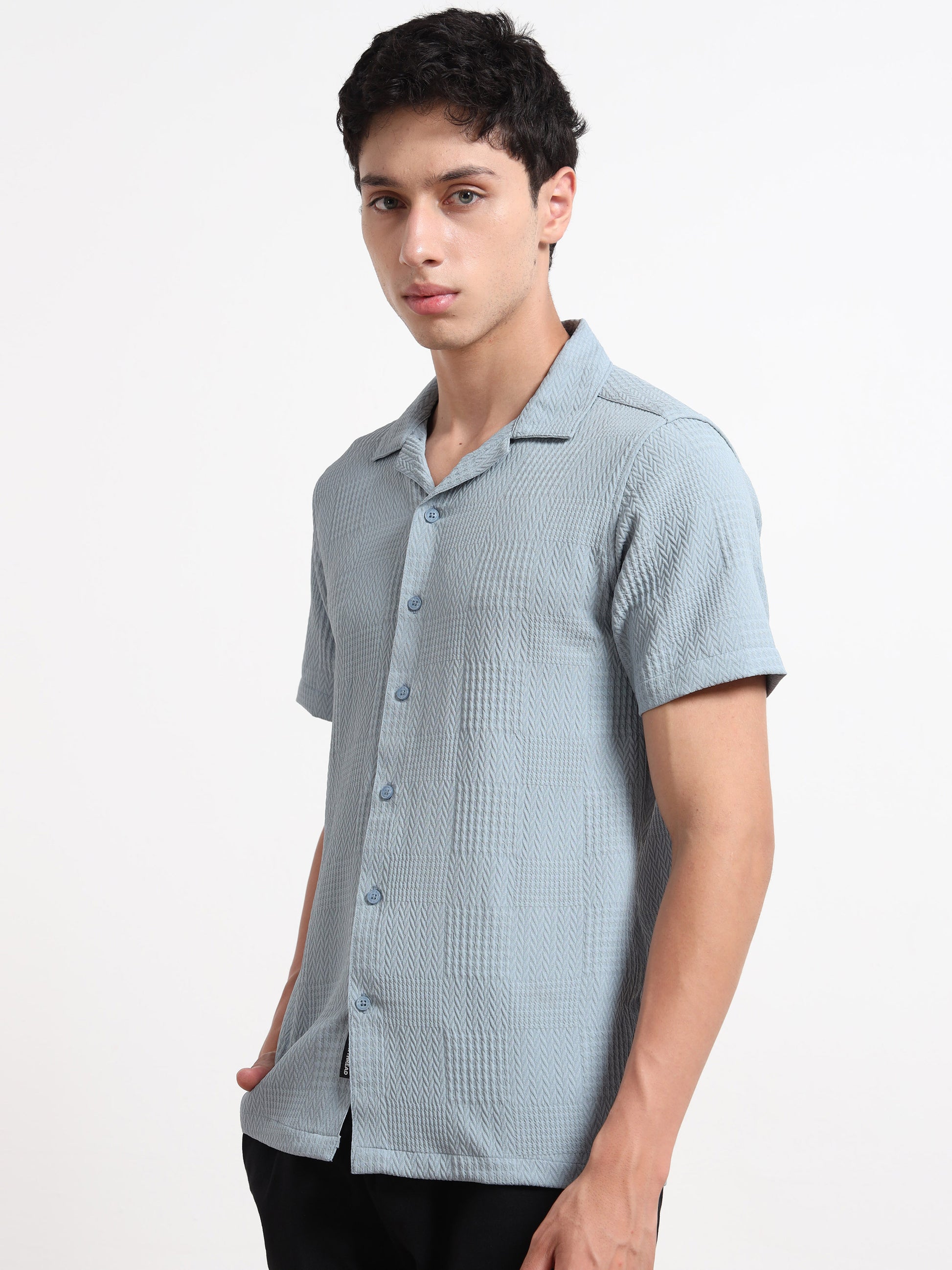 Half Sleeve Textured Ocean Blue Shirt for Men