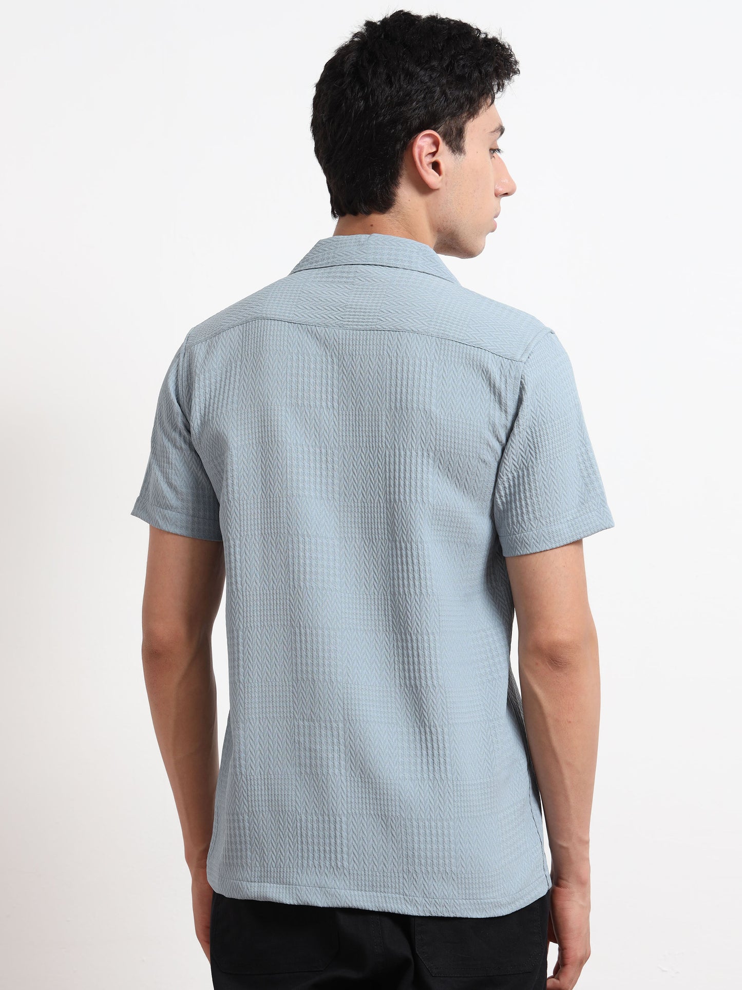 Half Sleeve Textured Ocean Blue Shirt for Men