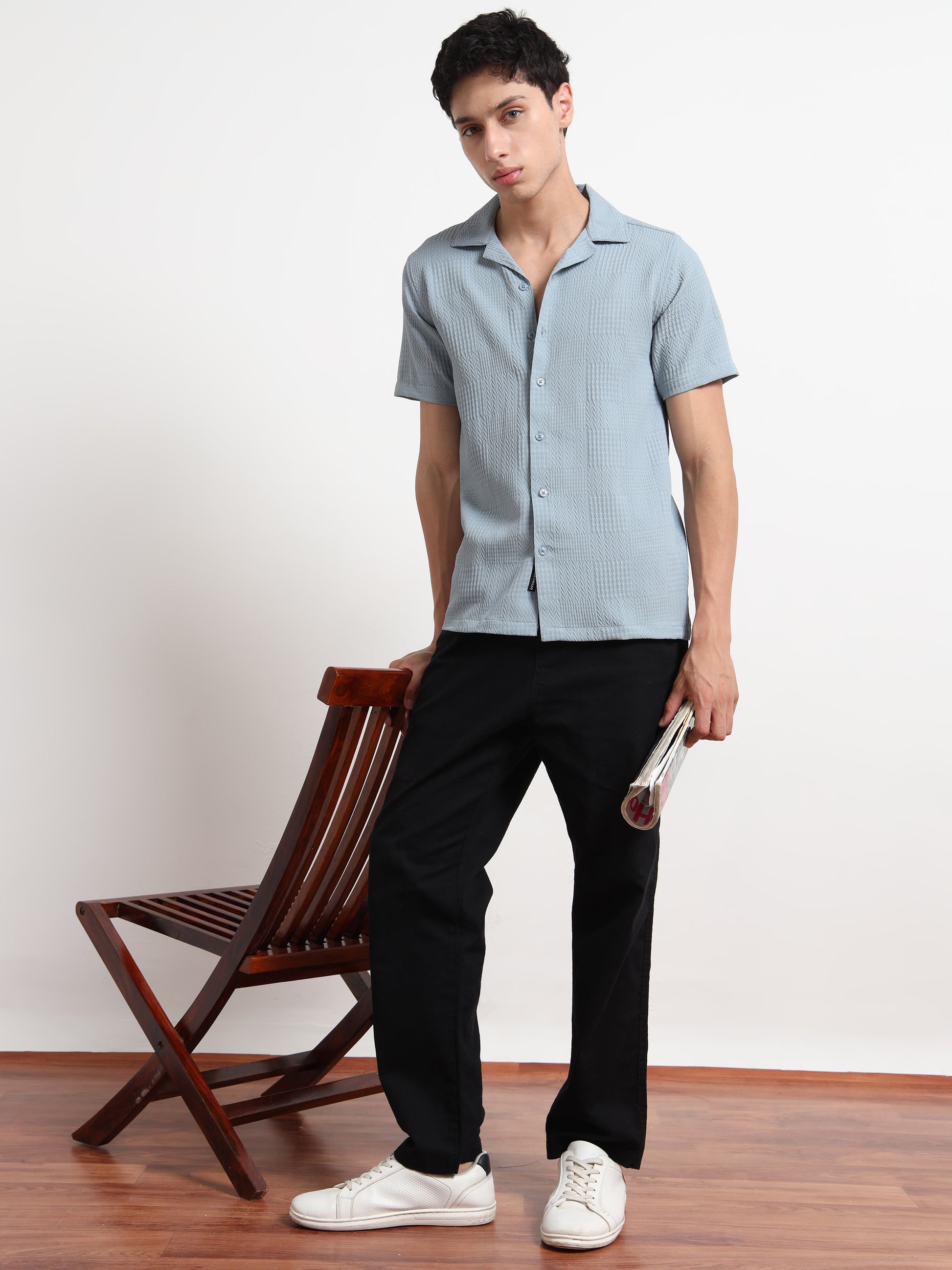 Half Sleeve Textured Ocean Blue Shirt for Men