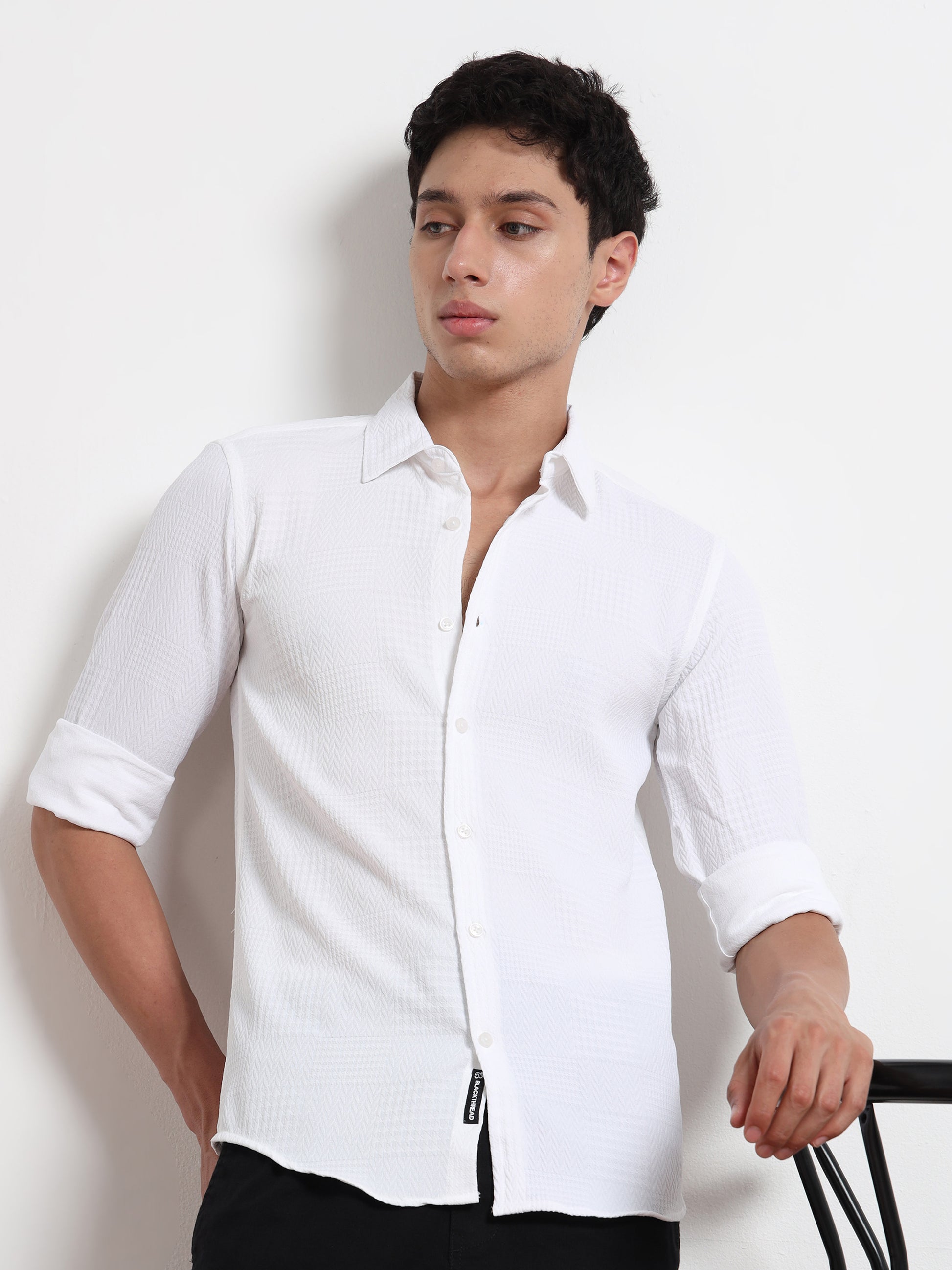 Full Sleeve White Textured Shirt Mens