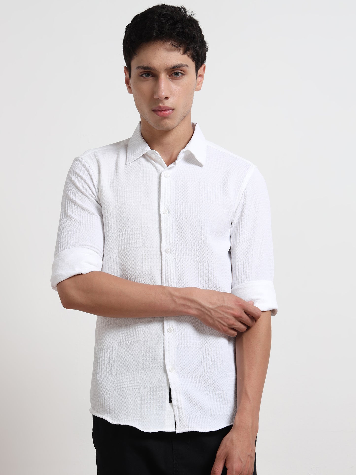 Full Sleeve White Textured Shirt Mens